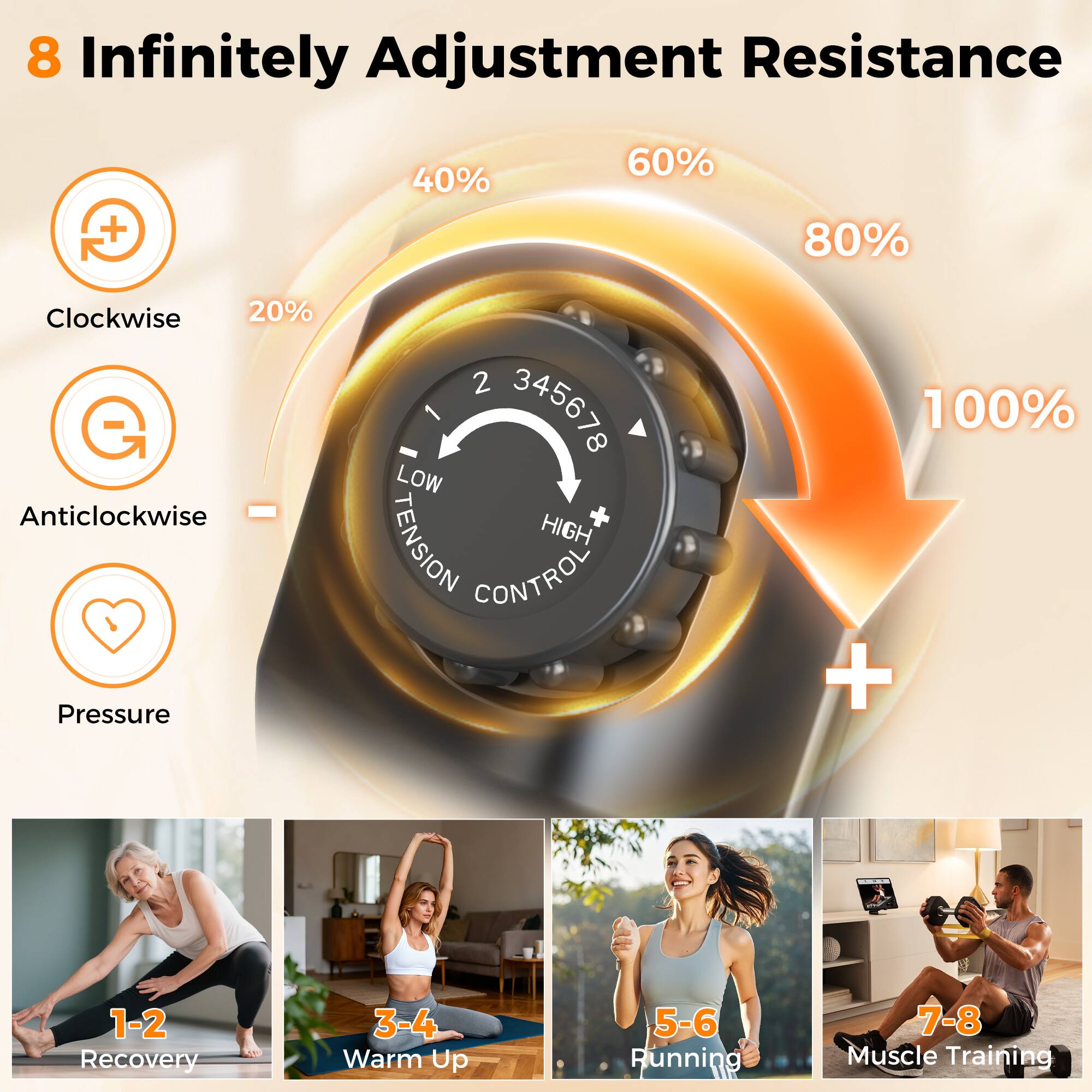 8 Infinitely Adjustable Resistance

- Clockwise: 20%
- Anticlockwise: 60%
- Pressure: 40% to 80%

LOW TENSION HIGH CONTROL

1-2 Recovery
3-4 Warm Up
5-6 Running
7-8 Muscle Training