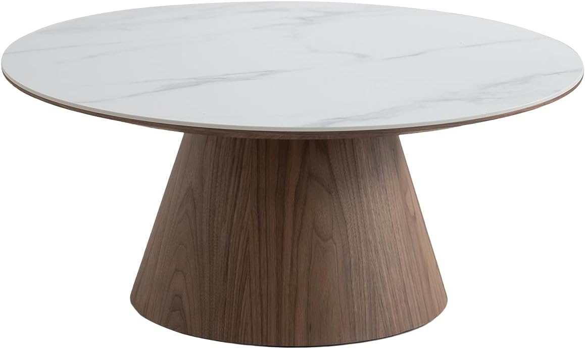 Acanva - Modern Round Coffee Table for Living Room Apartment, Small Side Tables with Ceramic Finished and Sturdy Base - White and Crown Walnut