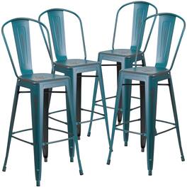 Emma + Oliver - Commercial Grade 4 Pack 30" High Distressed Metal Indoor-Outdoor Barstool with Back - Kelly Blue-Teal