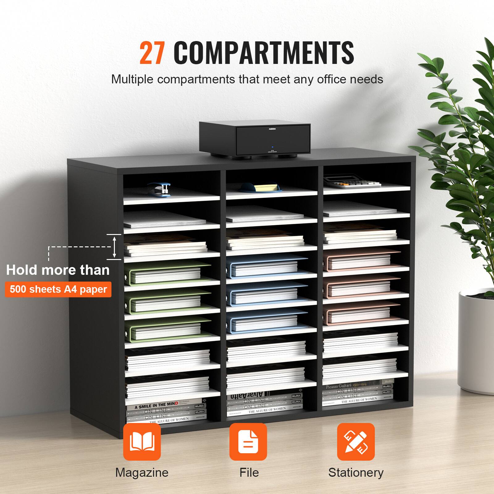 27 COMPARTMENTS  
Multiple compartments that meet any office needs  

Hold more than 500 sheets A4 paper  

Magazine  
File  
Stationery