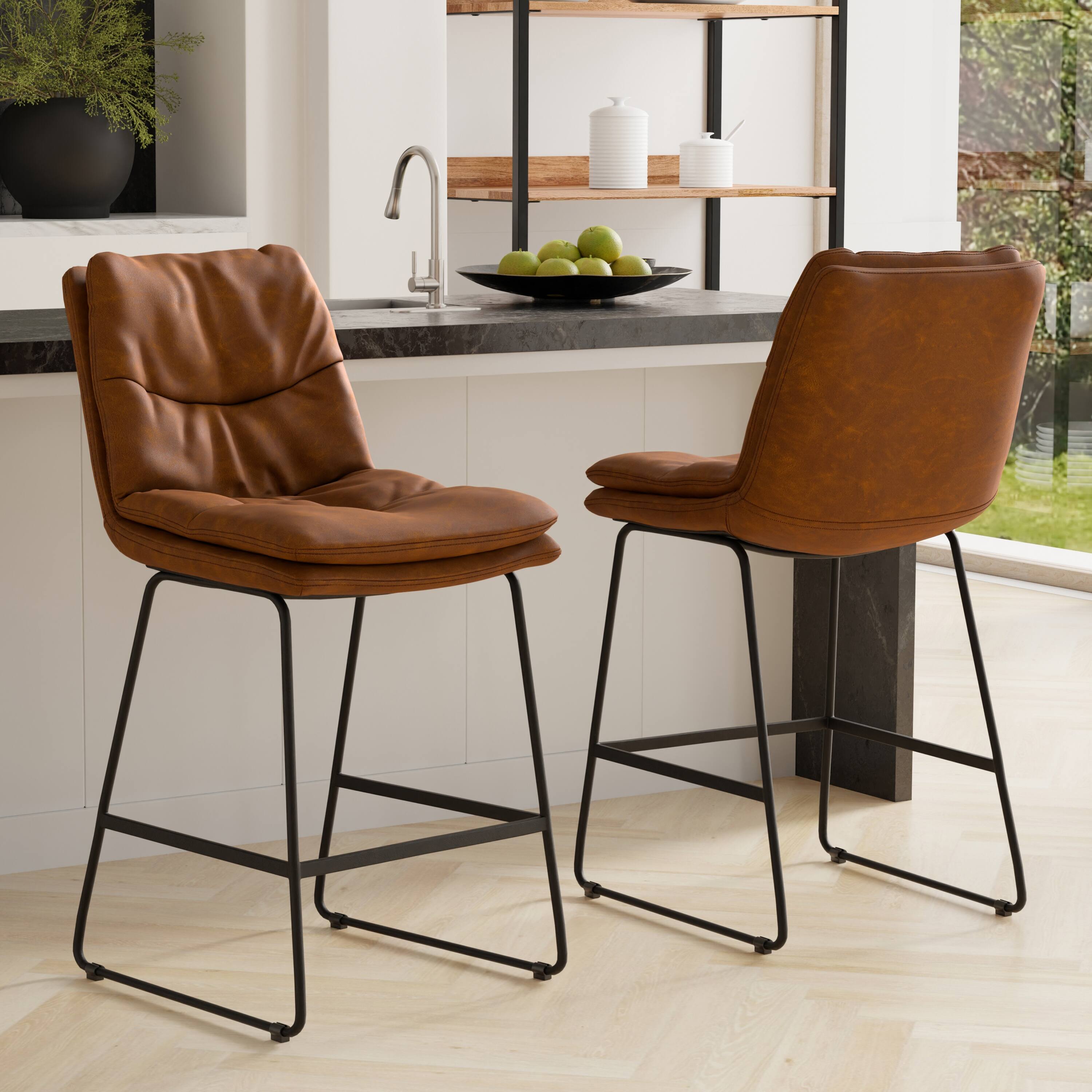 Angle. Simpli Home - Danika Mid Century Modern Counter Height stool (Set of 2) in Camel Brown Vegan Faux Leather - Camel Brown.