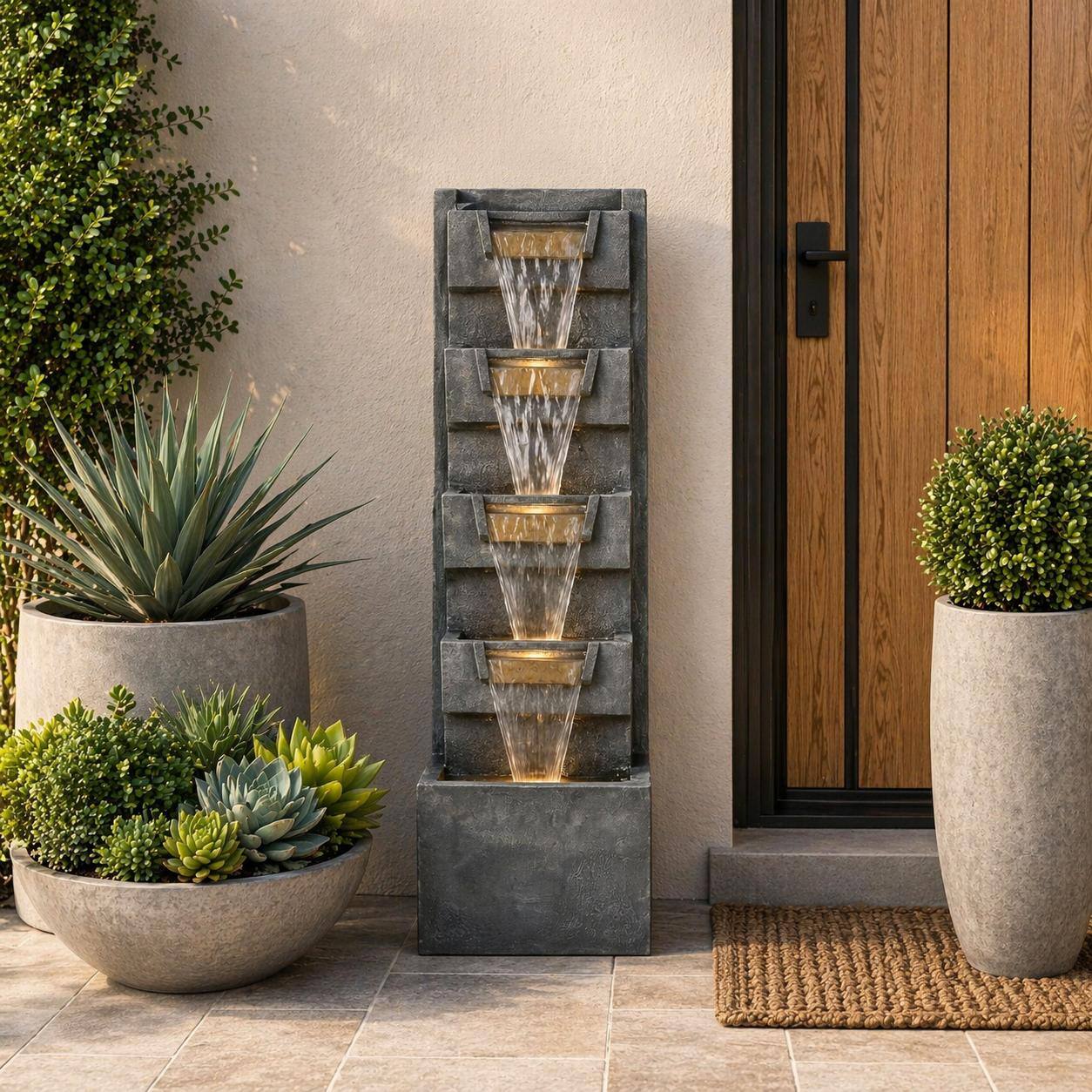 Back. RYHNUYNE - 39.4" Tall 4-Tier Outdoor Cascading Water Fountain with Warm LED Lights – Stone-Look Resin Water Feature with Quiet Pump.