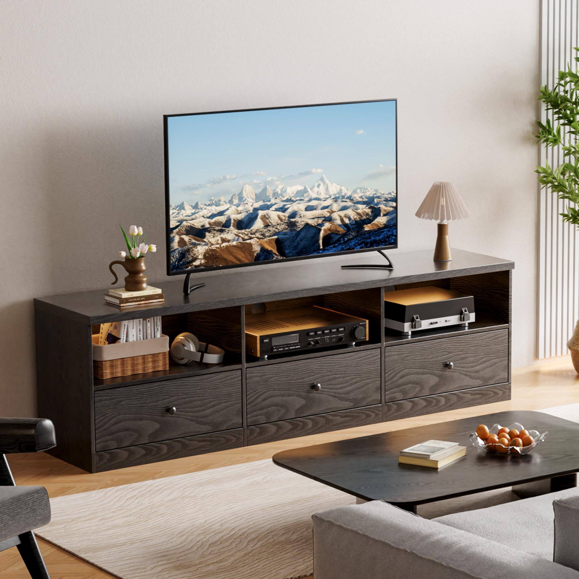 Angle. Qeetex - 70" TV Stand for TVs Up to 80 Inches, Entertainment Center with Open Shelf, Drawer & Cable Hole - Black.