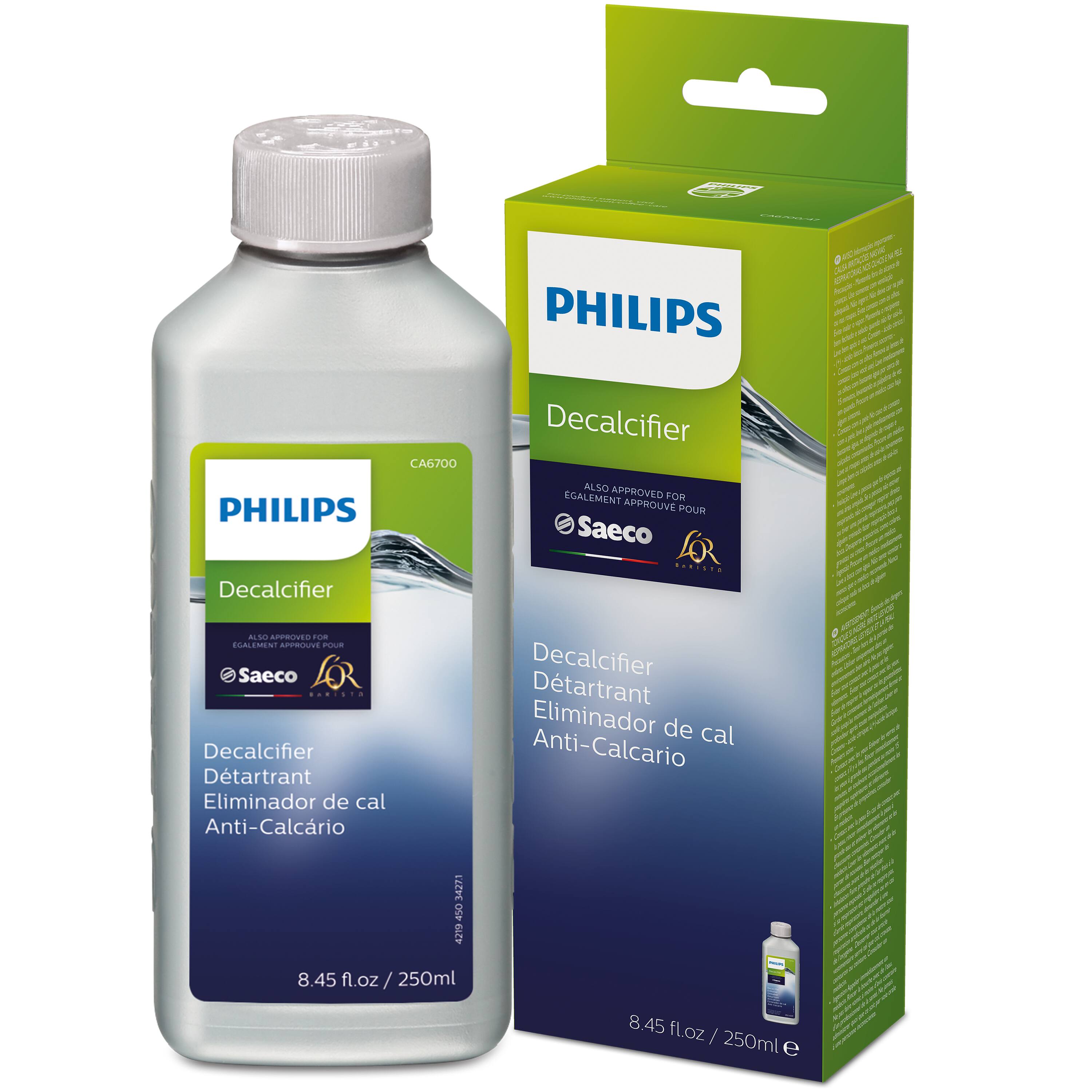 CA6700 PHILIPS Decalcifier APPROVED FOR EGALIMIN IULEPPIA Saeco fR ..... Decalcifier Dtartrant Eliminador de cal Anti-Calcario PHILIPS Decalcifier ALSO APPROVED GALEMENT FOM APPROUVE POUR Saeco ....... Decalcifier Dtartrant Eliminador de cal Anti-Calcario C - cE an o an c Sos Nouir unsa m - u cp -e - - - cun - - - d bvue - - i - . - - P a - m un - - sam - I uIe - L 450 4219 8.45 fl.oz l.oz /250ml 8.45 floz / 250ml