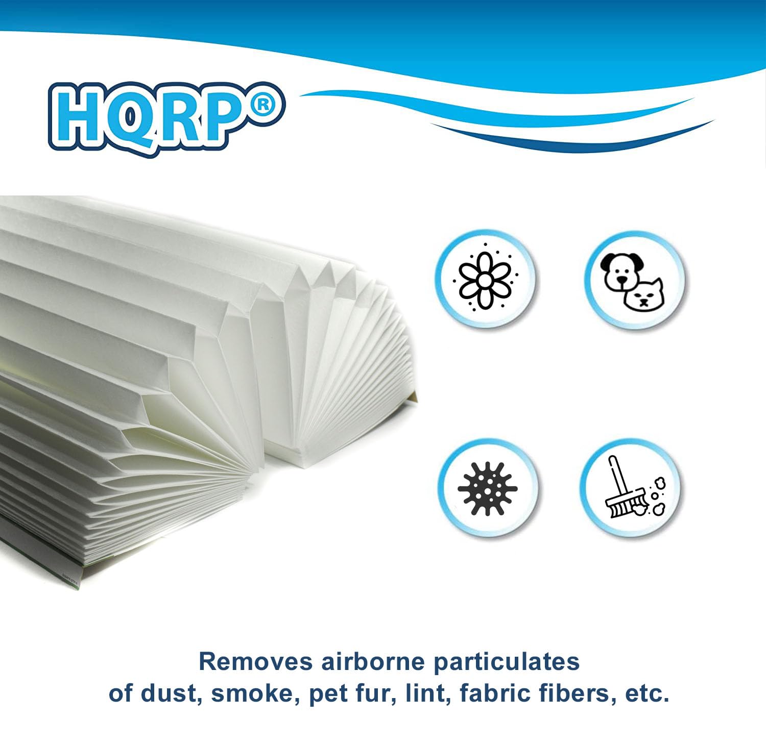 HQRP® Removes airborne particulates of dust, smoke, pet fur, lint, fabric fibers, etc.