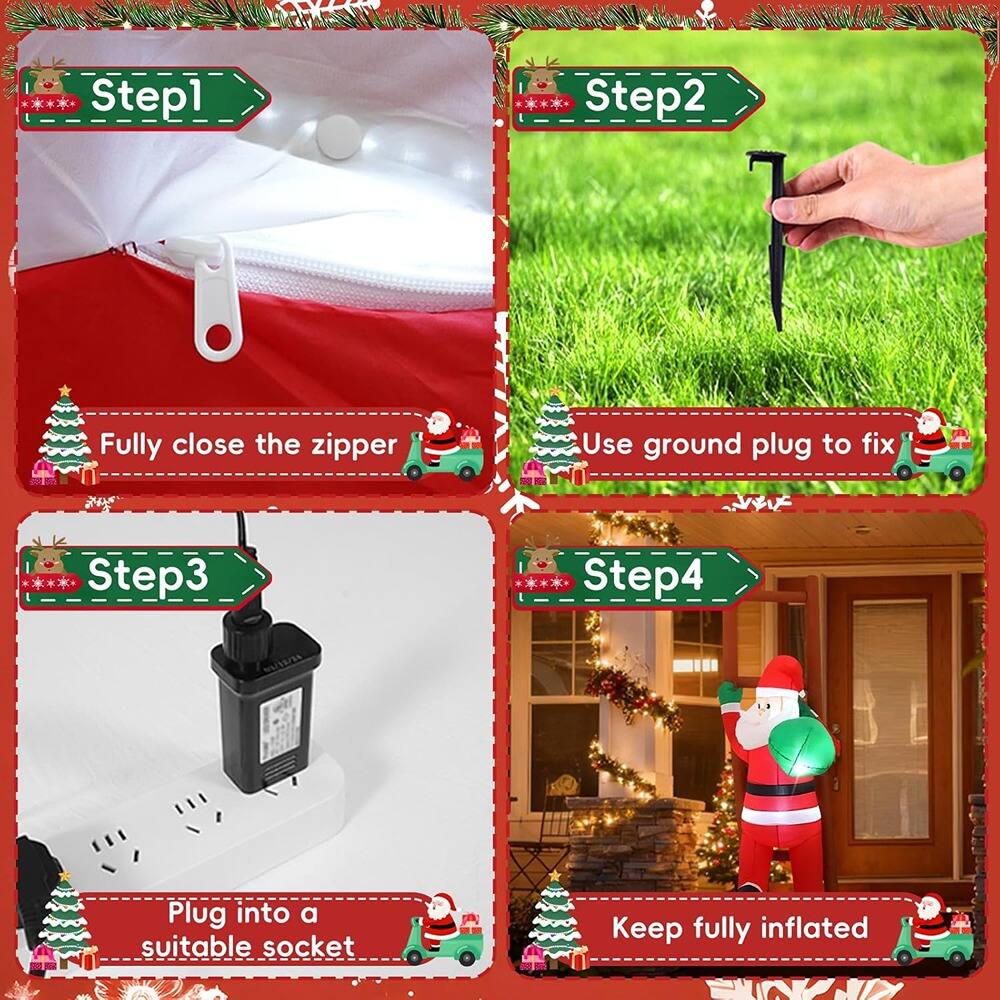 Step 1: Fully close the zipper

Step 2: Use ground plug to fix

Step 3: Plug into a suitable socket

Step 4: Keep fully inflated