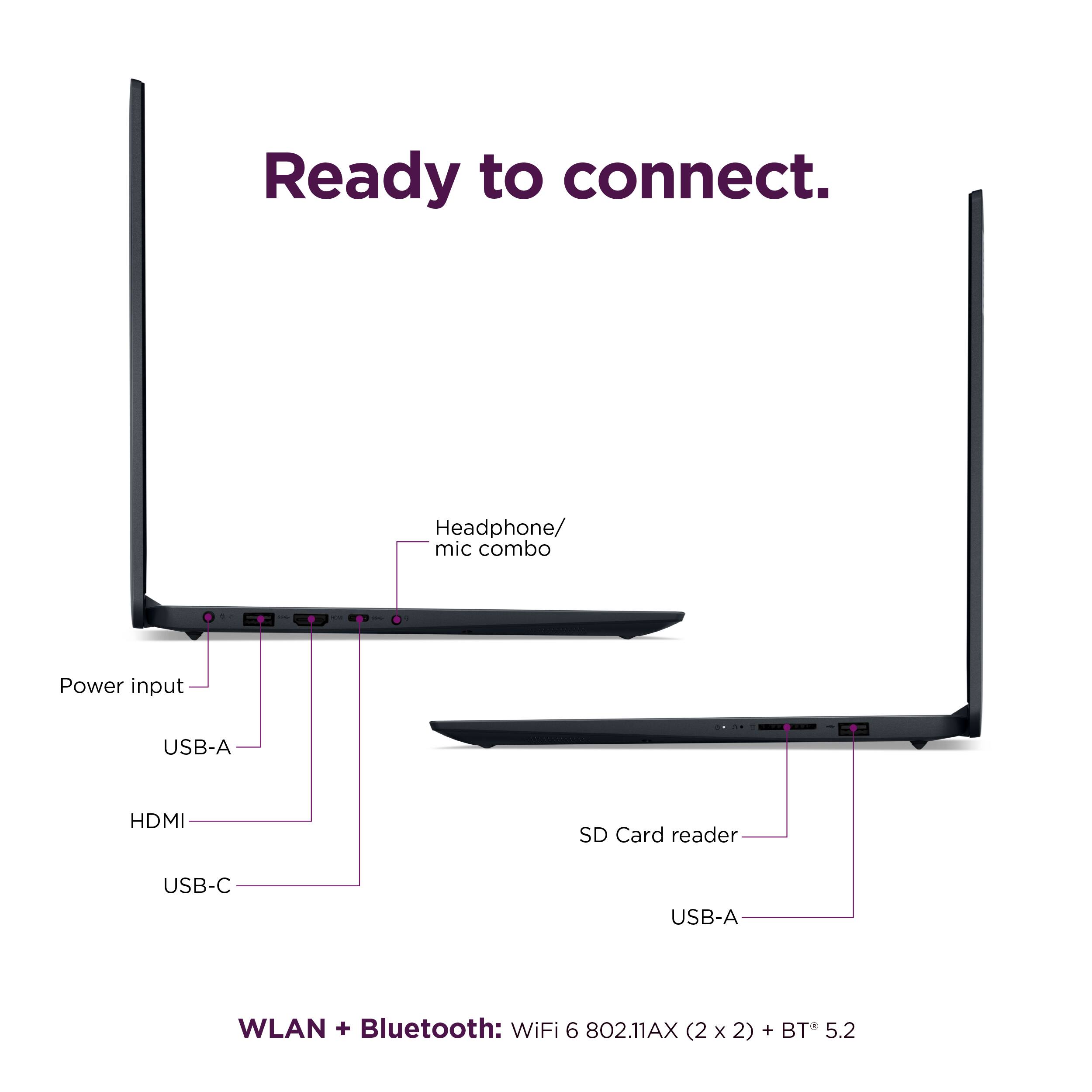 Ready to connect. Headphone/mic combo - Power input - USB-A - HDMI - SD Card reader - USB-C - USB-A - WLAN + Bluetooth: WiFi 6 802.11AX (2x2) x 2) + BT 5.2