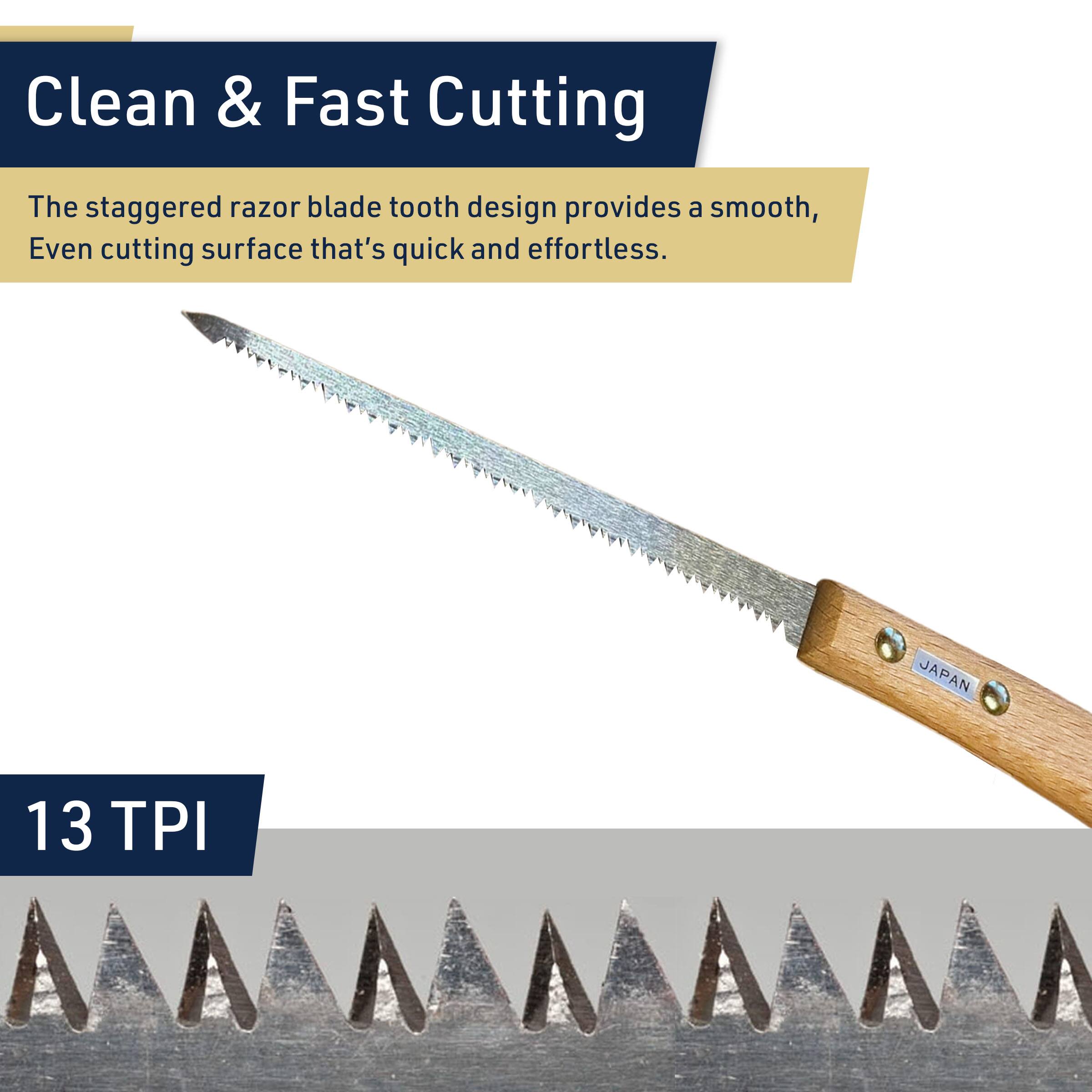 Clean & Fast Cutting

The staggered razor blade tooth design provides a smooth, even cutting surface that's quick and effortless.

13 TPI

JAPAN