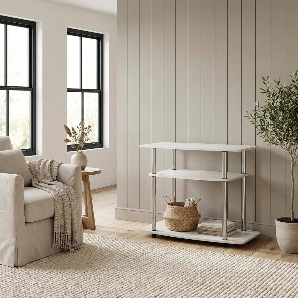 Alt View 2. FurniFact - White Oak/Chrome TV Stand with 3-Tier Shelving and Wooden Construction - White.