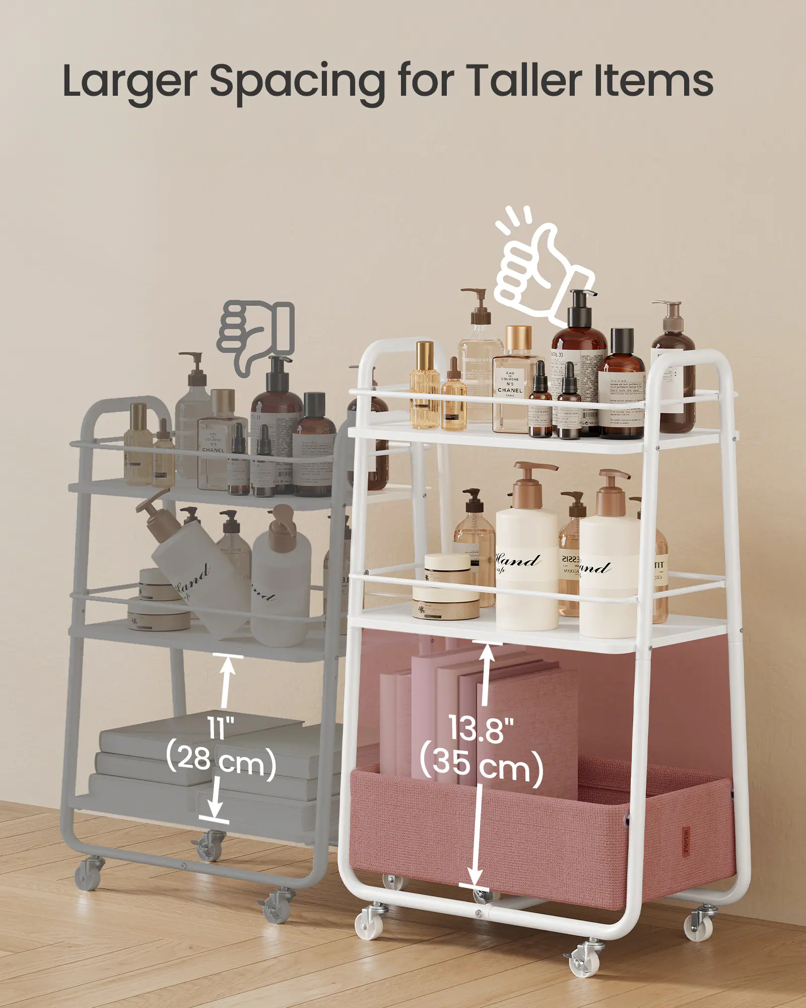 Larger Spacing for Taller Items

11" (28 cm) | 13.8" (35 cm)