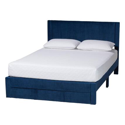 Front. Baxton Studio - Elora Modern Pleated Velvet Queen Size Storage Bed - Navy Blue.