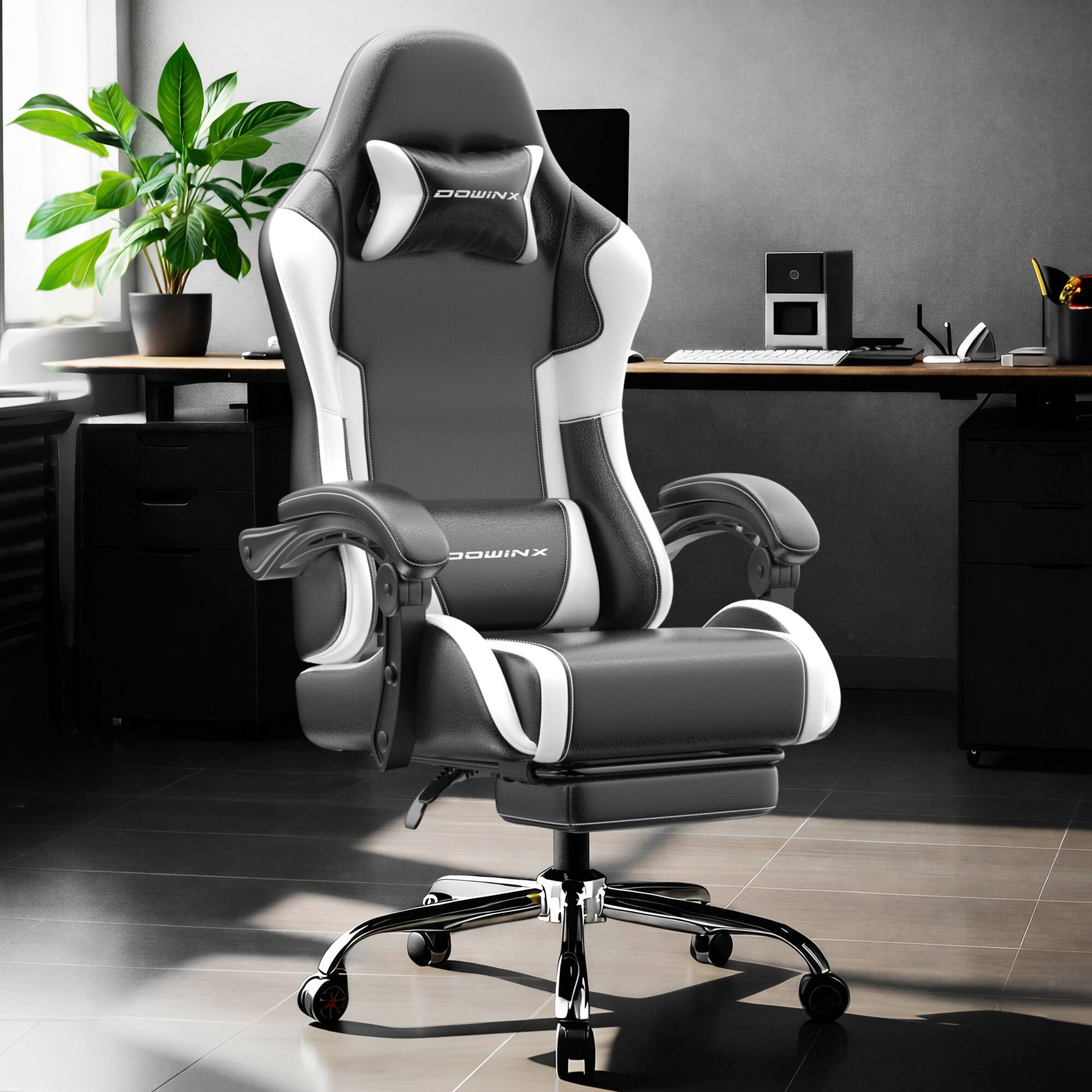 Alt View 3. Dowinx - Ergonomic Gaming Chair with Footrest, Reclining Office Chair with Massage Lumbar Support & Adjustable Headrest for Adult - Black&White.