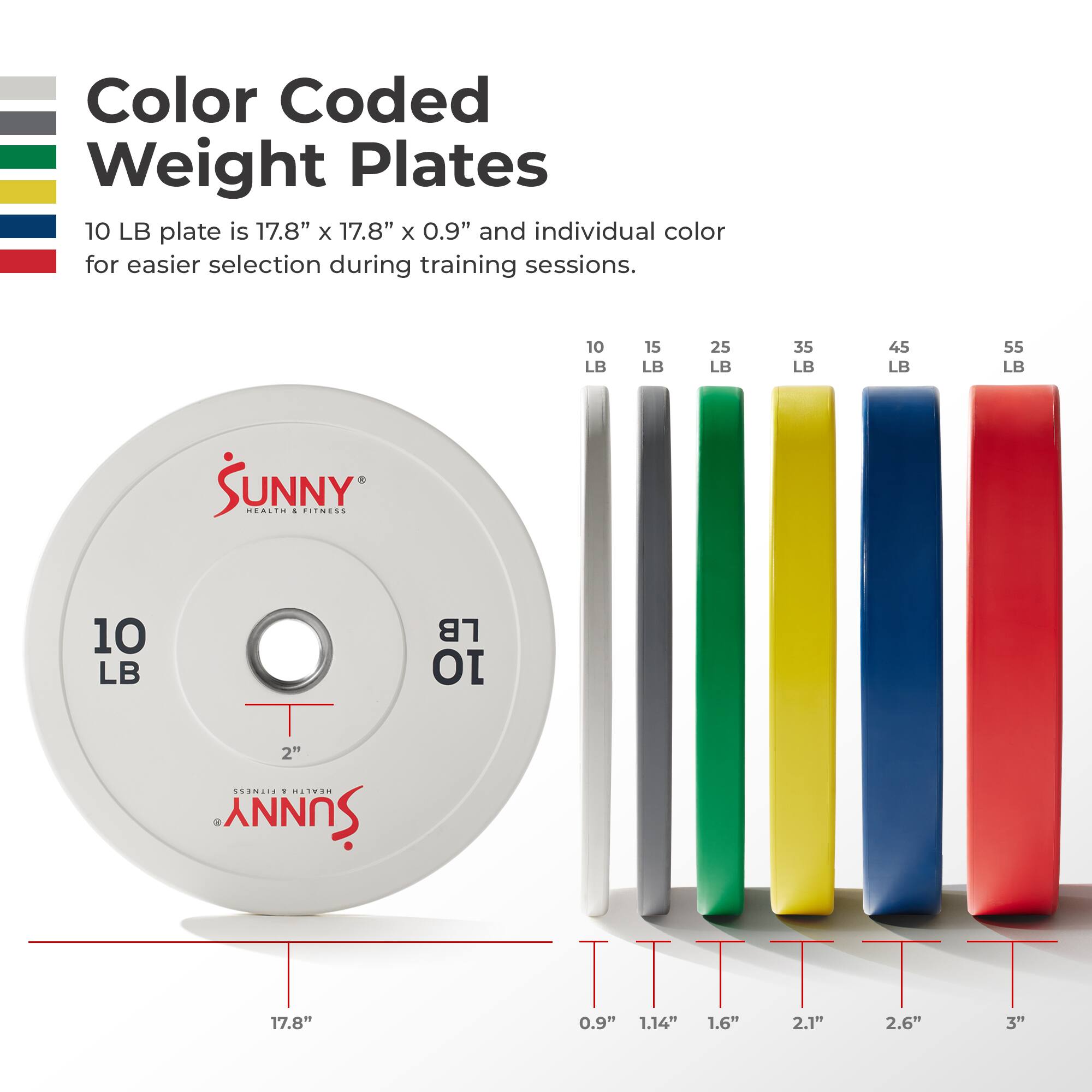 Color Coded Weight Plates

10 LB plate is 17.8" x 17.8" x 0.9" and individual color for easier selection during training sessions.

10 LB 15 LB 25 LB 35 LB 45 LB 55 LB

10 LB plate dimensions:
- Diameter: 17.8"
- Thickness: 0.9"
- Hole diameter: 2"

Weight plate thicknesses:
- 10 LB: 0.9"
- 15 LB: 1.14"
- 25 LB: 1.6"
- 35 LB: 2.1"
- 45 LB: 2.6"
- 55 LB: 3"