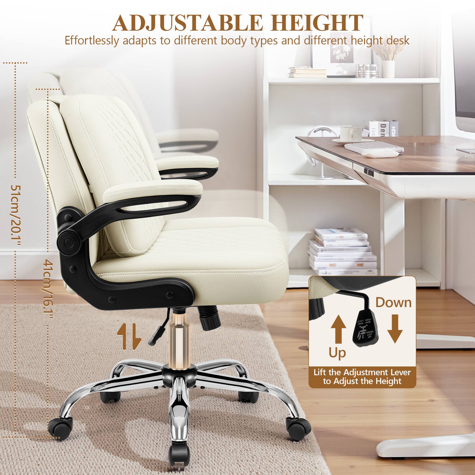ADJUSTABLE HEIGHT  
Effortlessly adapts to different body types and different height desk  

51cm/20.1"  
41cm/16.1"  

Lift the Adjustment Lever to Adjust the Height  

Up  
Down