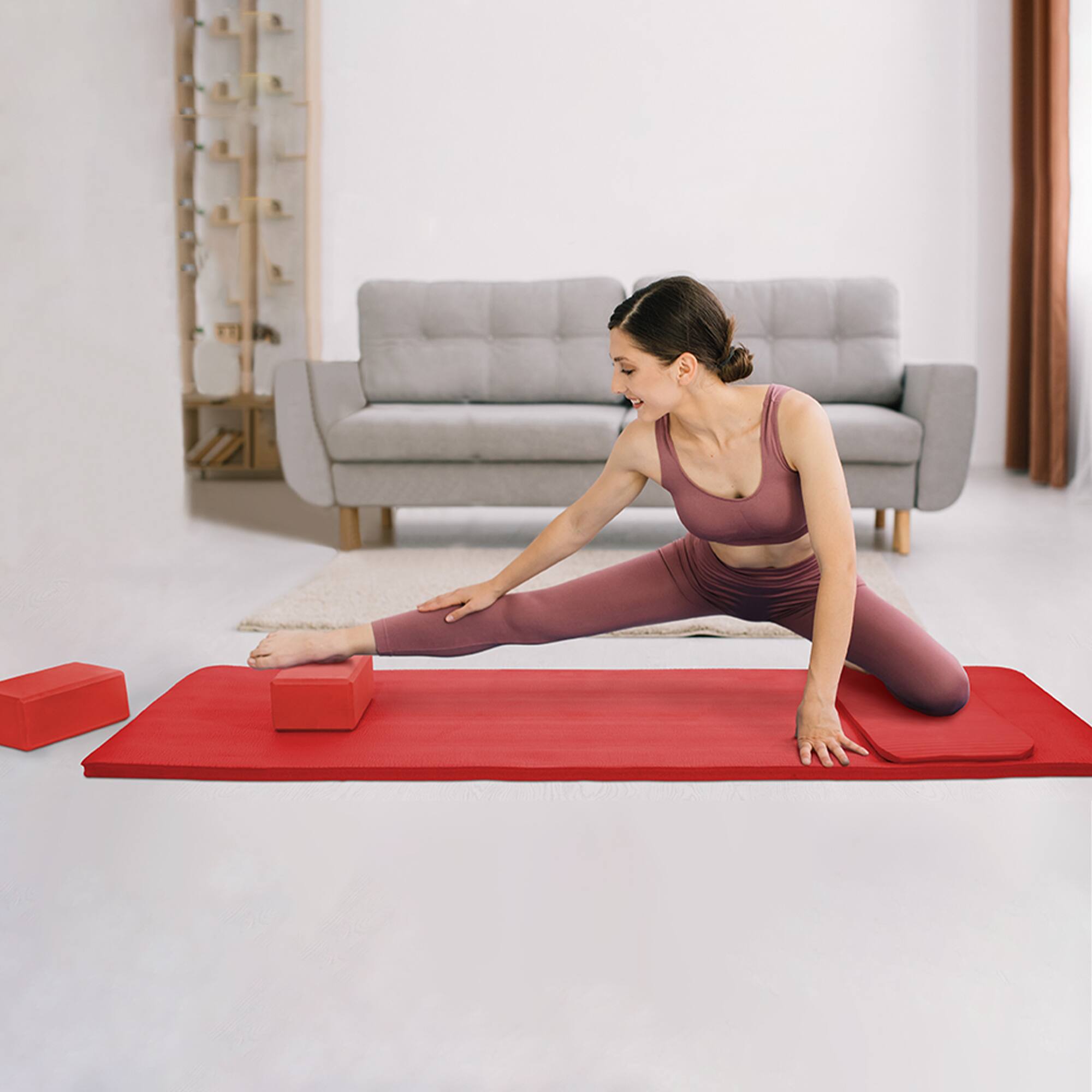 Alt View 3. BalanceFrom Fitness - BalanceFrom Fitness 71"x24" Anti Tear Yoga Mat w/Strap, Knee Pad & Blocks, Red - Red.