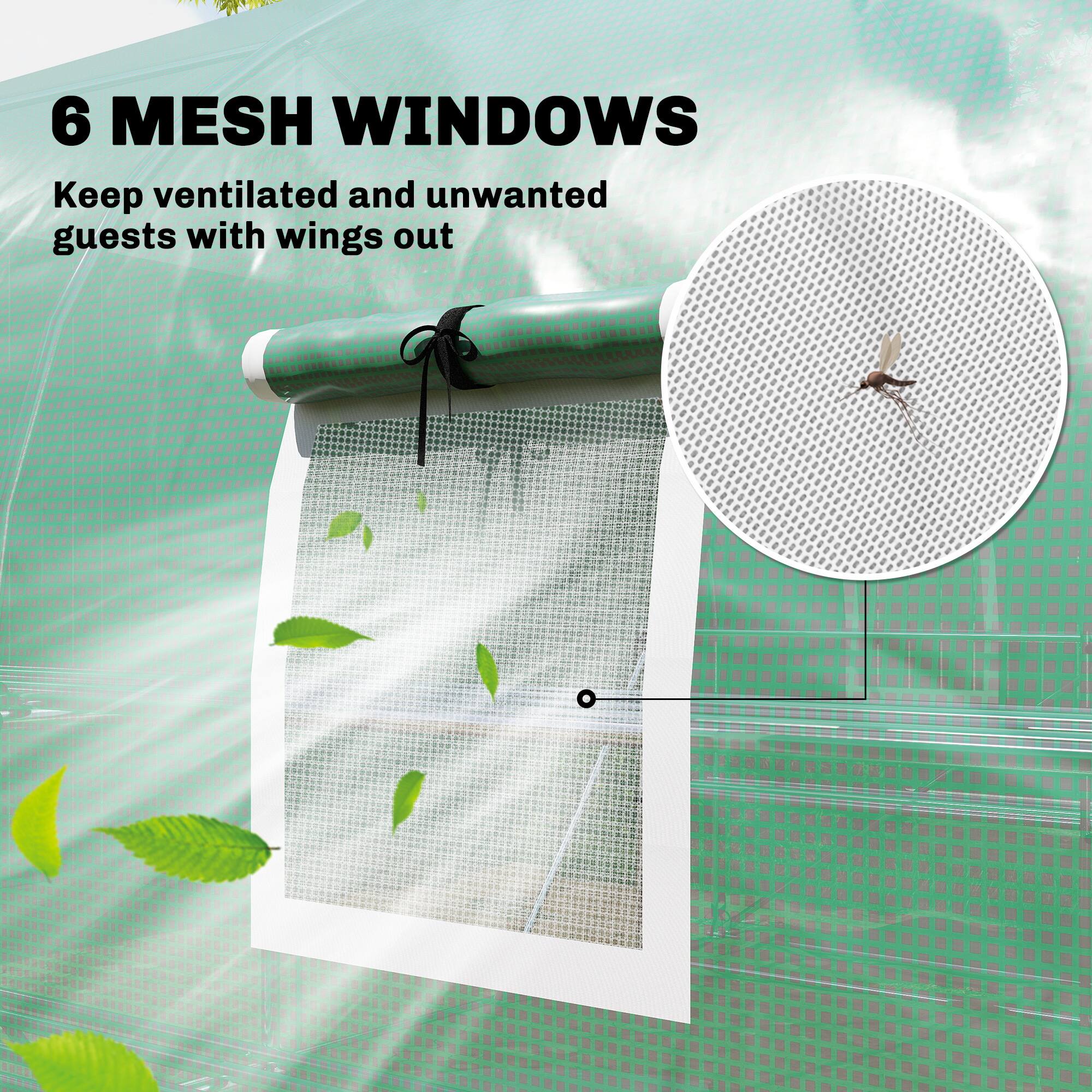 6 MESH WINDOWS  
Keep ventilated and unwanted guests with wings out
