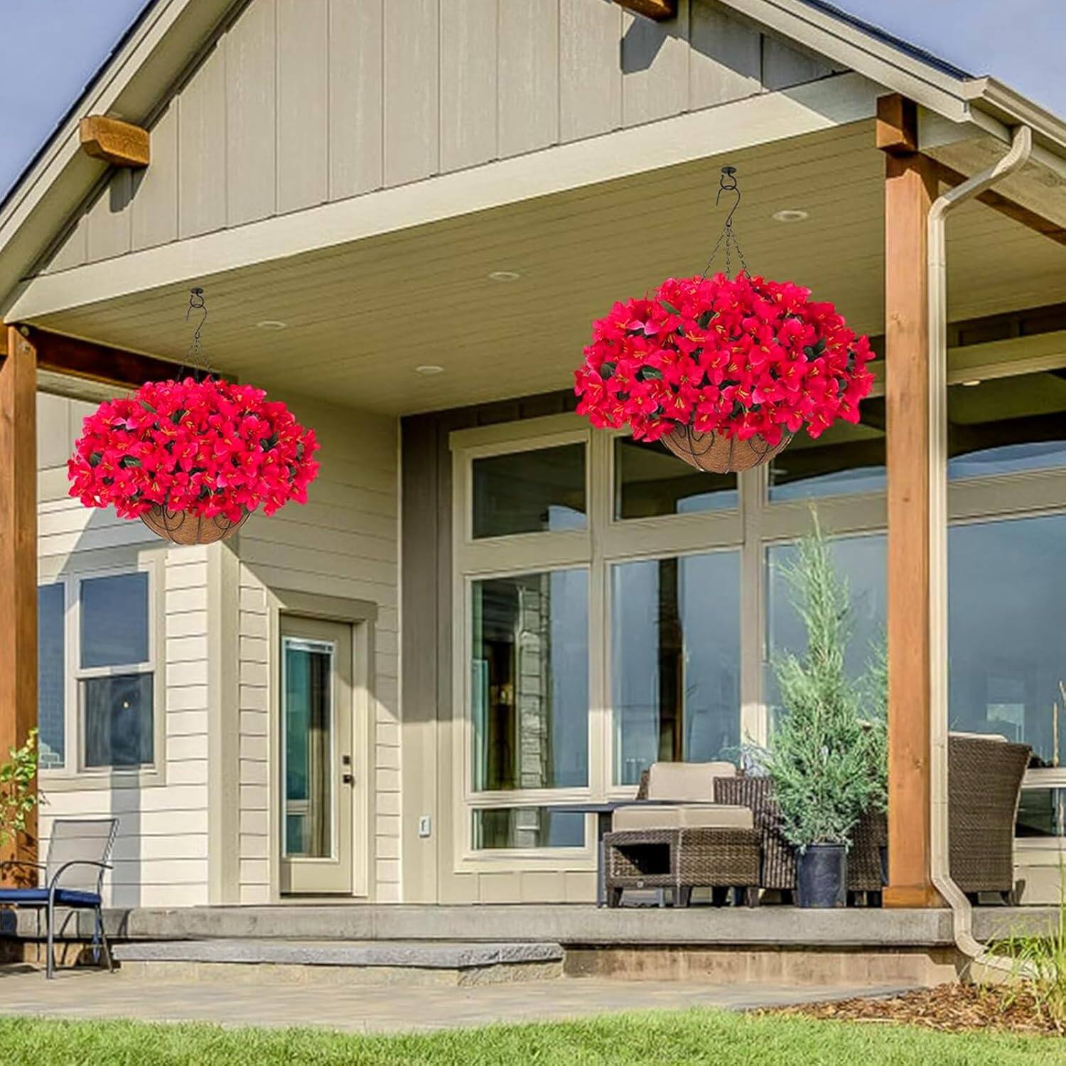 Alt View 4. Homhougo - Artificial Geraniums Hanging Baskets, 2 Pack Faux Outdoor Flowers Hanging Plants, 12 PCS Lifelike Geraniums for Front - Red.