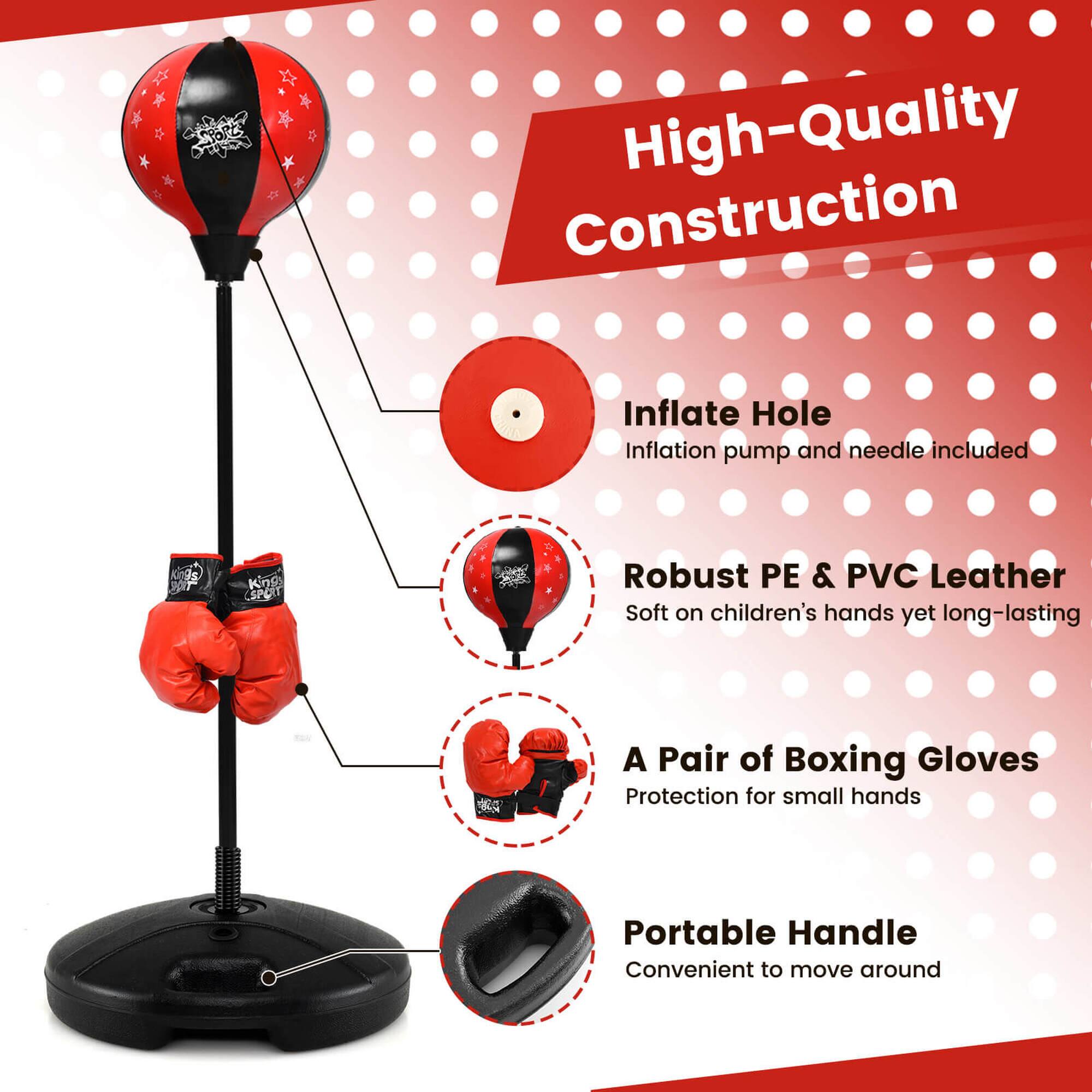 High-Quality Construction

- Inflate Hole: Inflation pump and needle included
- Robust PE & PVC Leather: Soft on children's hands yet long-lasting
- A Pair of Boxing Gloves: Protection for small hands
- Portable Handle: Convenient to move around
