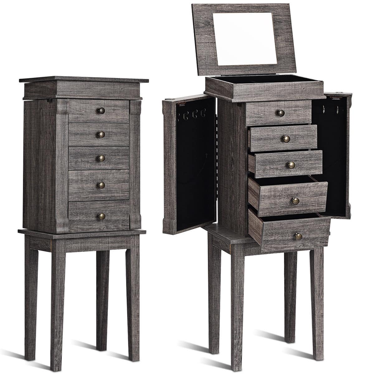 Ecooso - Standing Jewelry Cabinet with 5 Drawers, Top Flip Mirror and Organized Storage