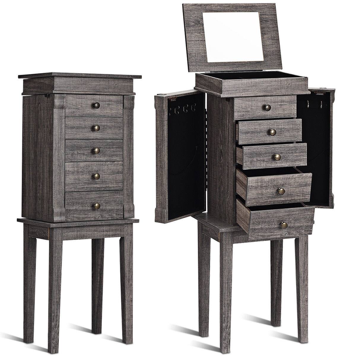 Front. Ecooso - Standing Jewelry Cabinet with 5 Drawers, Top Flip Mirror and Organized Storage.