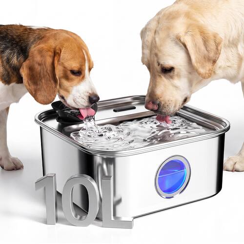 Oneisall - 10L/338oz Stainless Steel Automatic Dog Water Fountain 5 Layer Filtration Clean System with 3 Filter - Silver