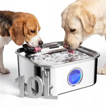 Front. Oneisall - 10L/338oz Stainless Steel Automatic Dog Water Fountain 5 Layer Filtration Clean System with 3 Filter - Silver.