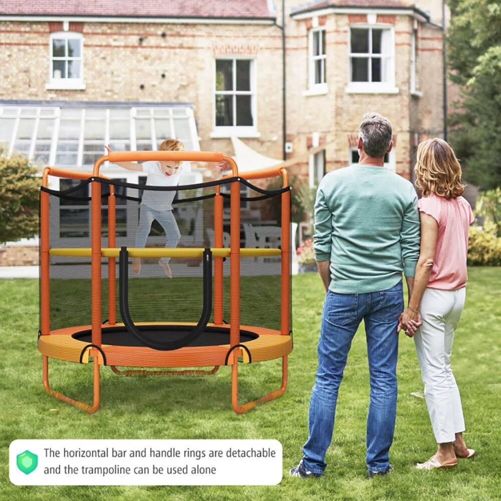 The horizontal bar and handle rings are detachable and the trampoline can be used alone.