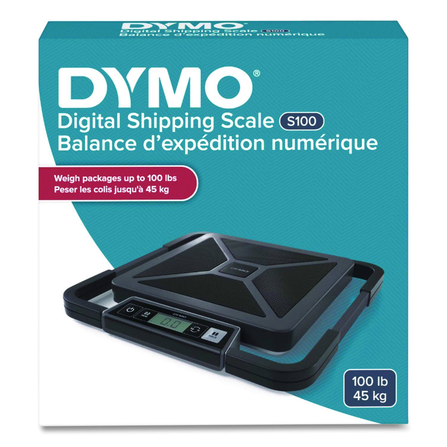 DYMO Digital Shipping Scale S100  
Balance d'expédition numérique  
Weigh packages up to 100 lbs  
Pesez les colis jusqu'à 45 kg  
0.0 G - 100 lb 45 kg