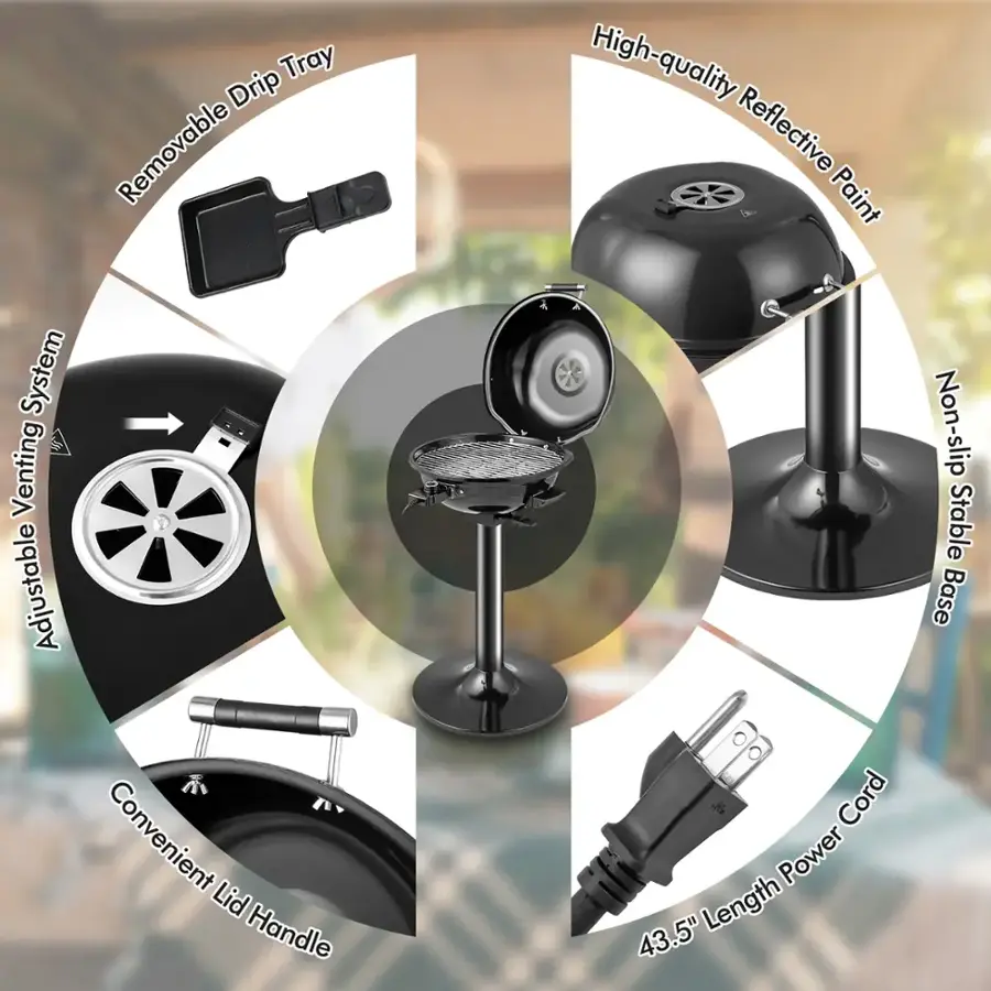 The image shows a variety of items, including a tray, a drip system, a removable lid, a high-quality reflective paint system, a venting system, an adjustable handle, a cord, a power source, and a non-slip stable base.