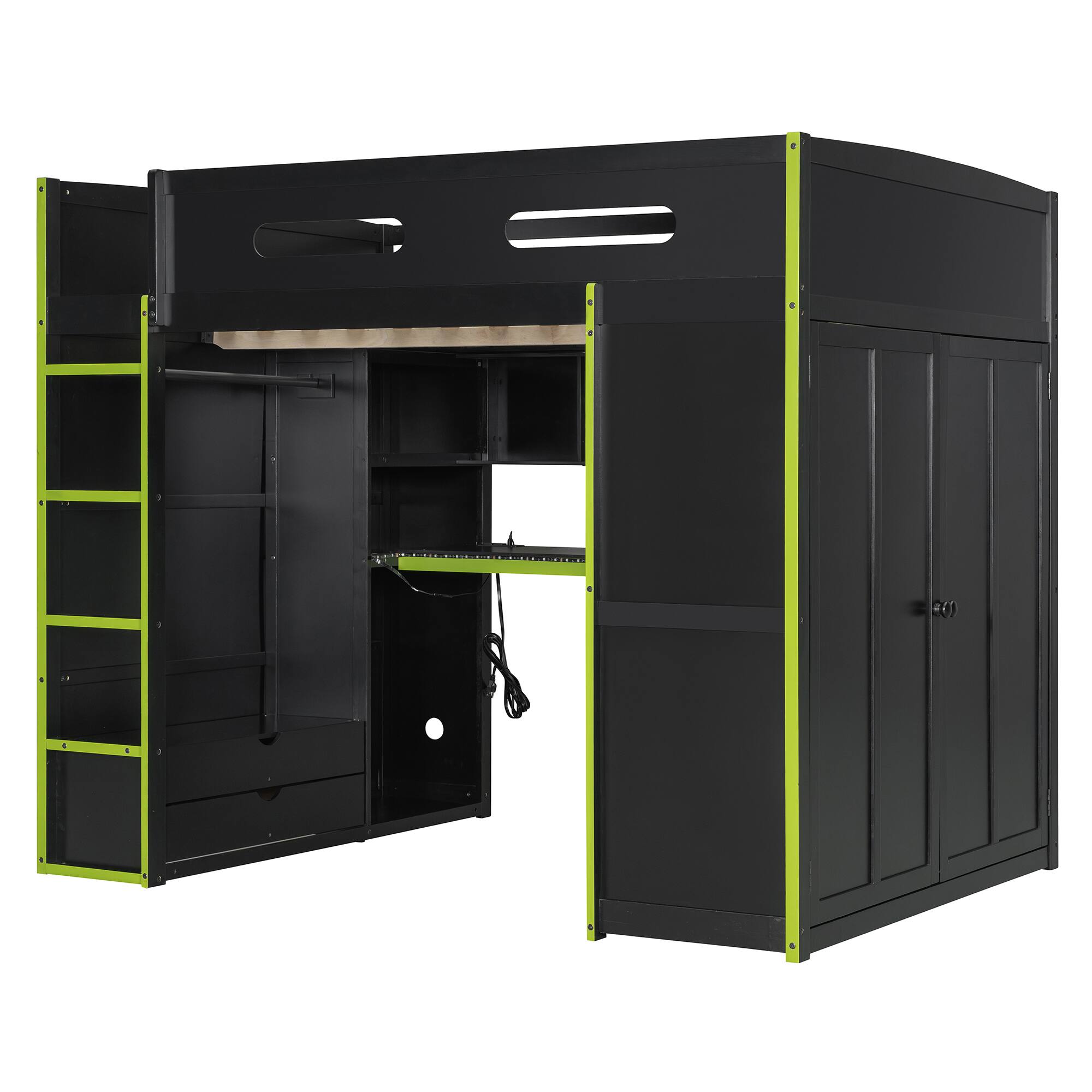 Alt View 5. Anysun - Full Size Wood Loft Bed with Desk,Wardrobe,Ample Storage Space,and RGB Light - Green.