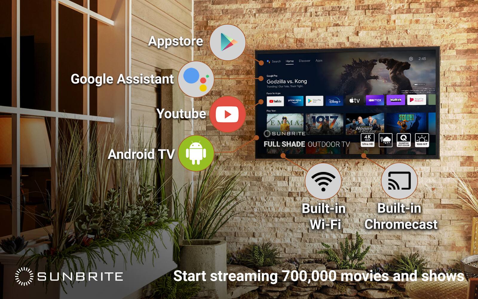 Appstore Search Home Discover Apps Google Assistant YouTube Android TV prime video Disney+ Hulu Total Roku Channel Count: 1000+ Built-in Wi-Fi Chromecast SUNBRITE Start streaming 700,000 movies and shows