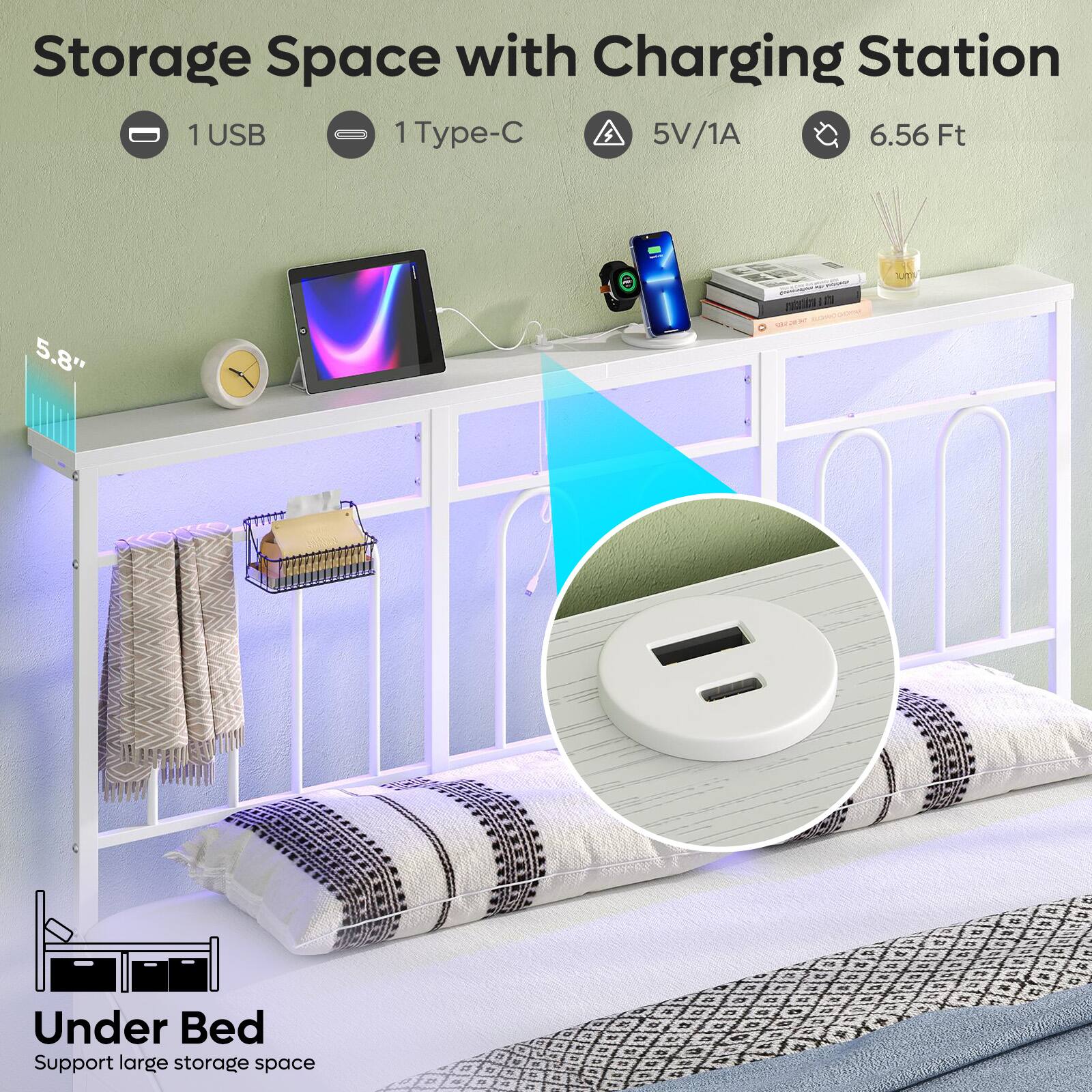 Storage Space with Charging Station 1 USB 1 Type-C 5V/1A 6.56 Ft 5.8" - Under Bed Support large storage space