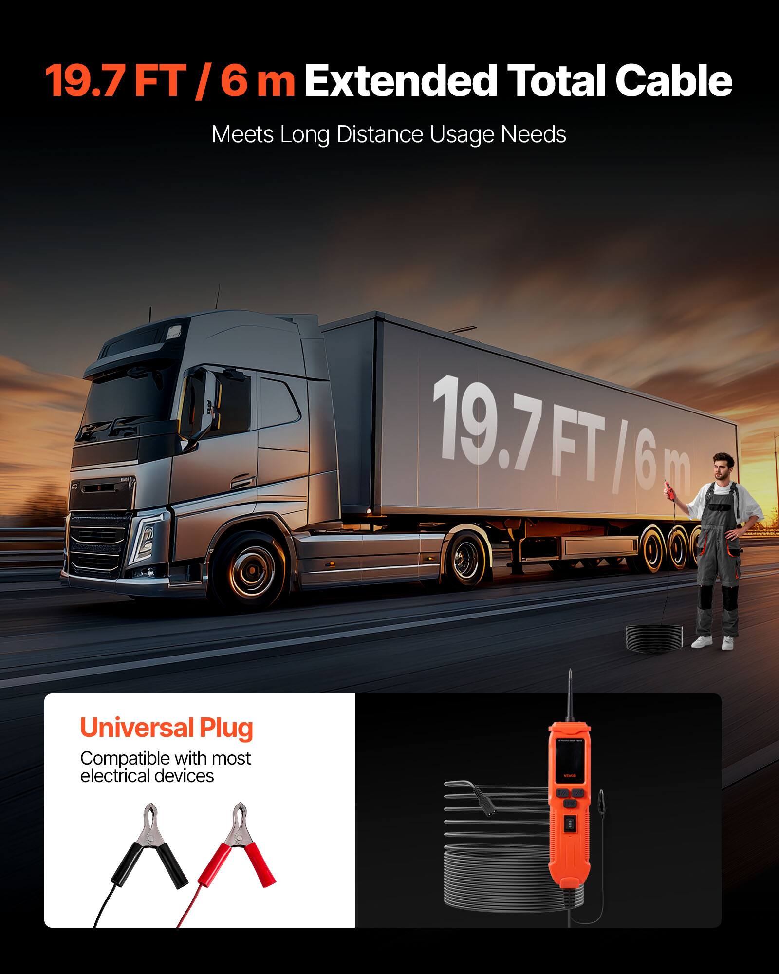 19.7 FT / 6 m Extended Total Cable  
Meets Long Distance Usage Needs  

Universal Plug  
Compatible with most electrical devices