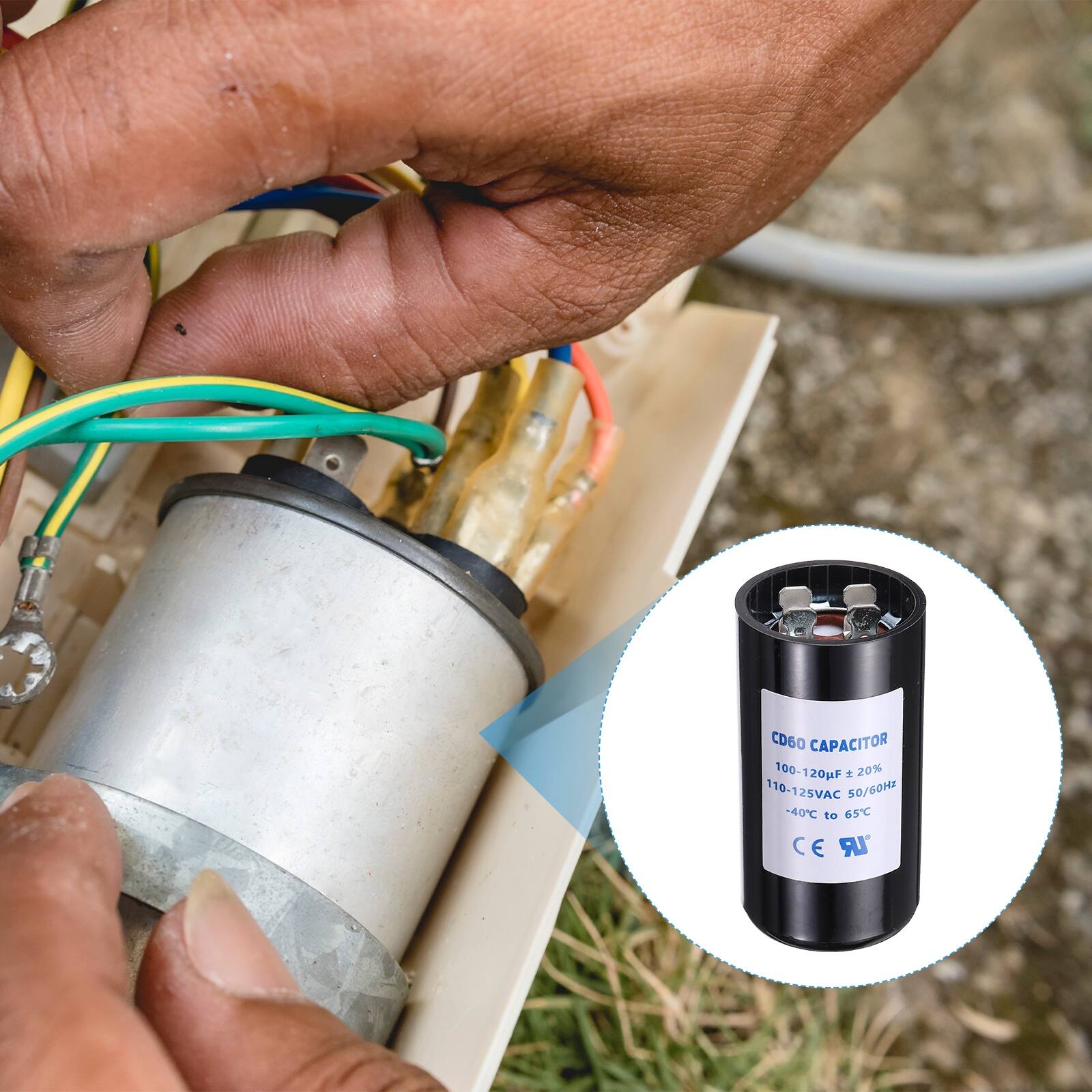 CD60 CAPACITOR  
100-120µF ± 20%  
110-125VAC 50/60Hz  
-40°C to 65°C  
C E LR