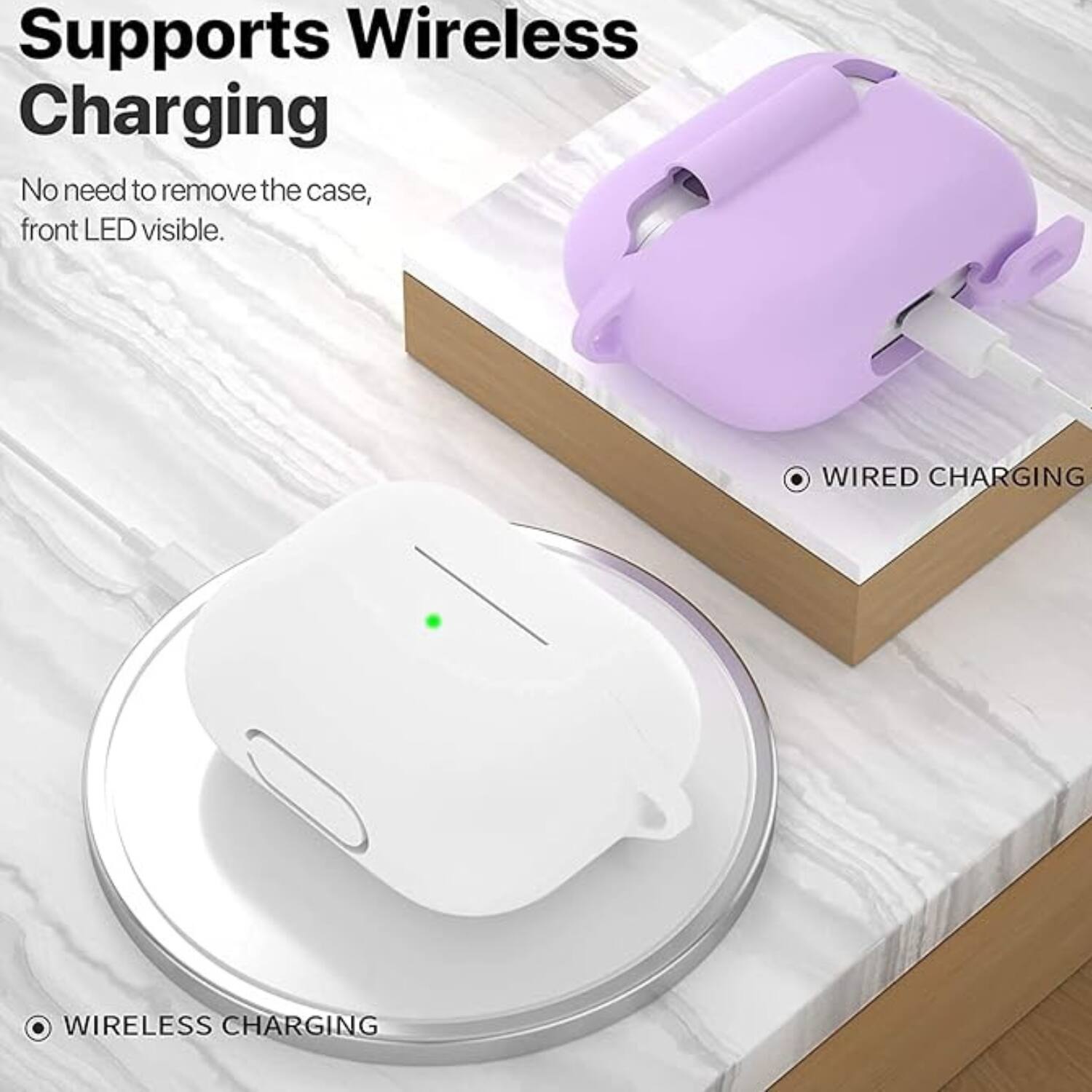 Supports Wireless Charging  
No need to remove the case, front LED visible.  

WIRED CHARGING  
WIRELESS CHARGING