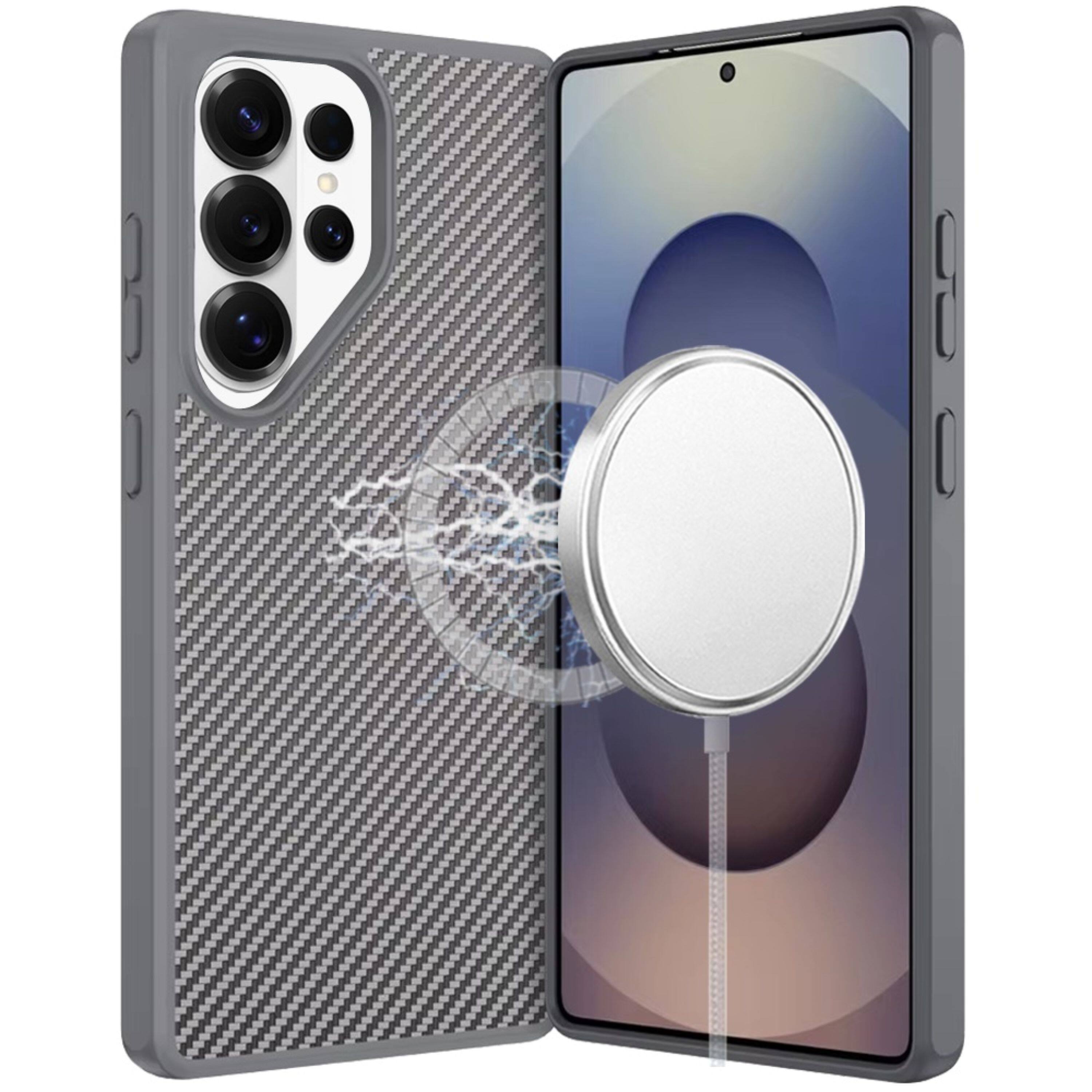 Front. Kitcheniva - Carbon Print Hidden Magnetic Circle Case Plus Tempered Glass For Samsung S26 Ultra Grey - Grey.