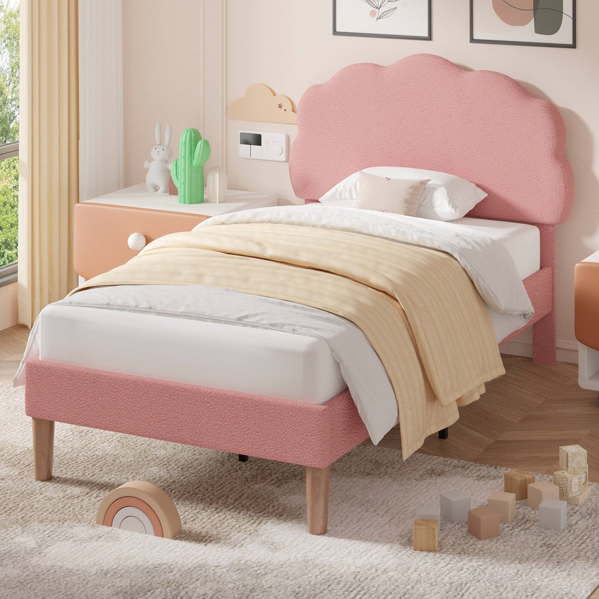 Alt View 3. Vecelo - Cloud Headboard Twin Bed Frame for Kids, Upholstered Faux Shearling Bed with Slats, Rounded Edges - Pink.