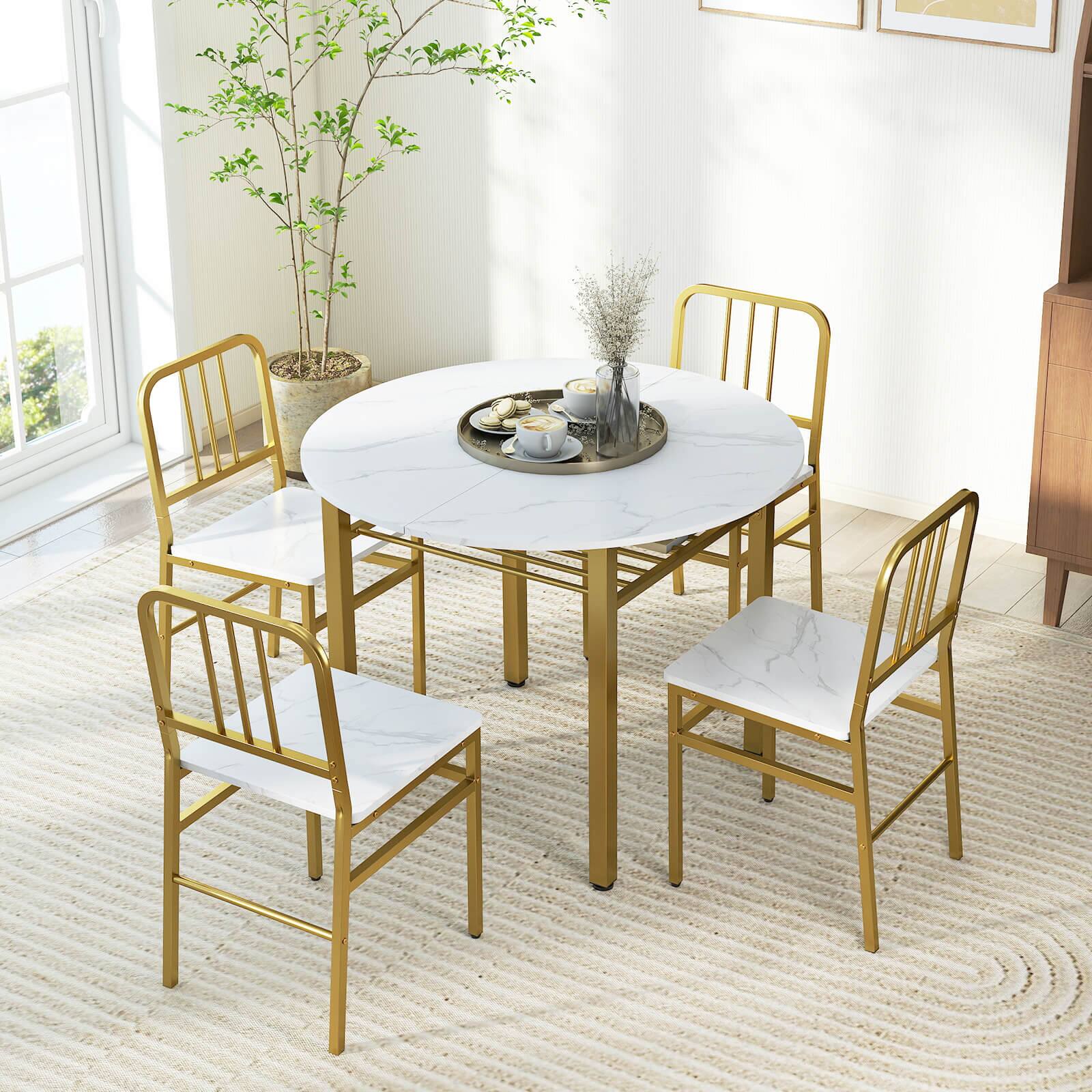 Alt View 4. Costway - Costway 5-Piece Round Dining Table Set, Space-saving Dinette Table Set with Storage Shelf - White,Gold.