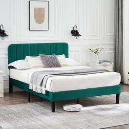 Vecelo - Upholstered Queen Size Platform Bed Frame with Adjustable Headboard,Velvet Bed Frame No Box Spring Needed - Green