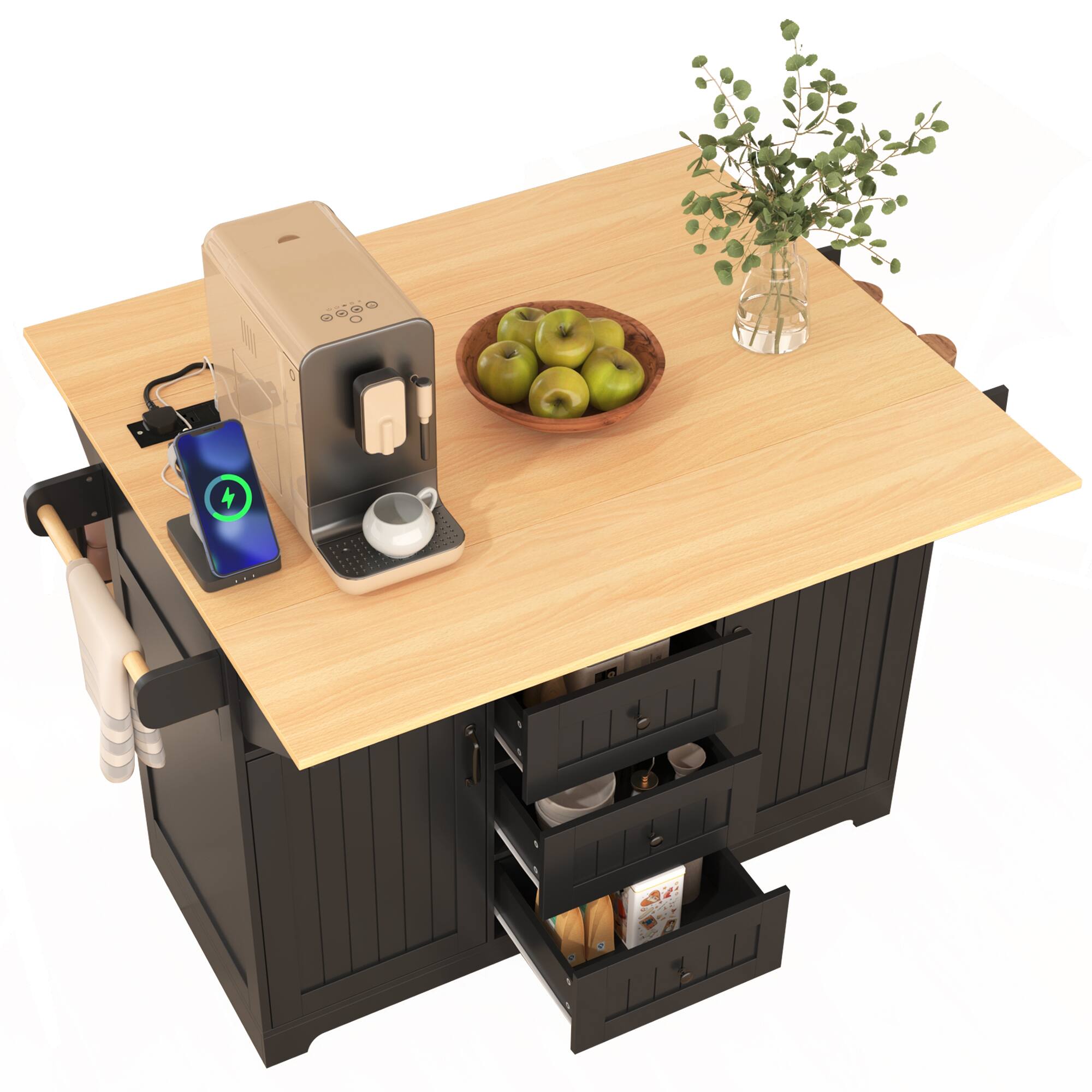 Alt View 3. Forest'nSky - 55.7" Rolling Kitchen Island with 2 Drop-Leaf Tables – Power Outlet, 3 Drawers, Spice & Towel Racks, Black - Black.