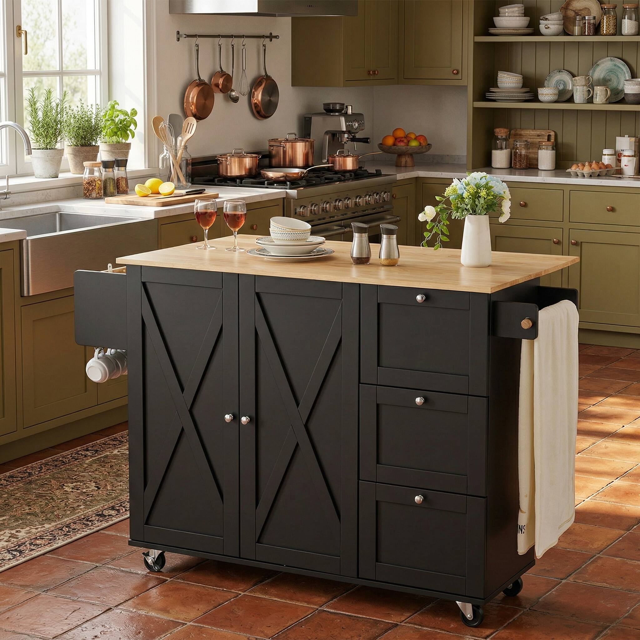 Left. Forest'nSky - Rolling Kitchen Island Cart with Drawer and Shelves on Wheels for Small Spaces - Black.