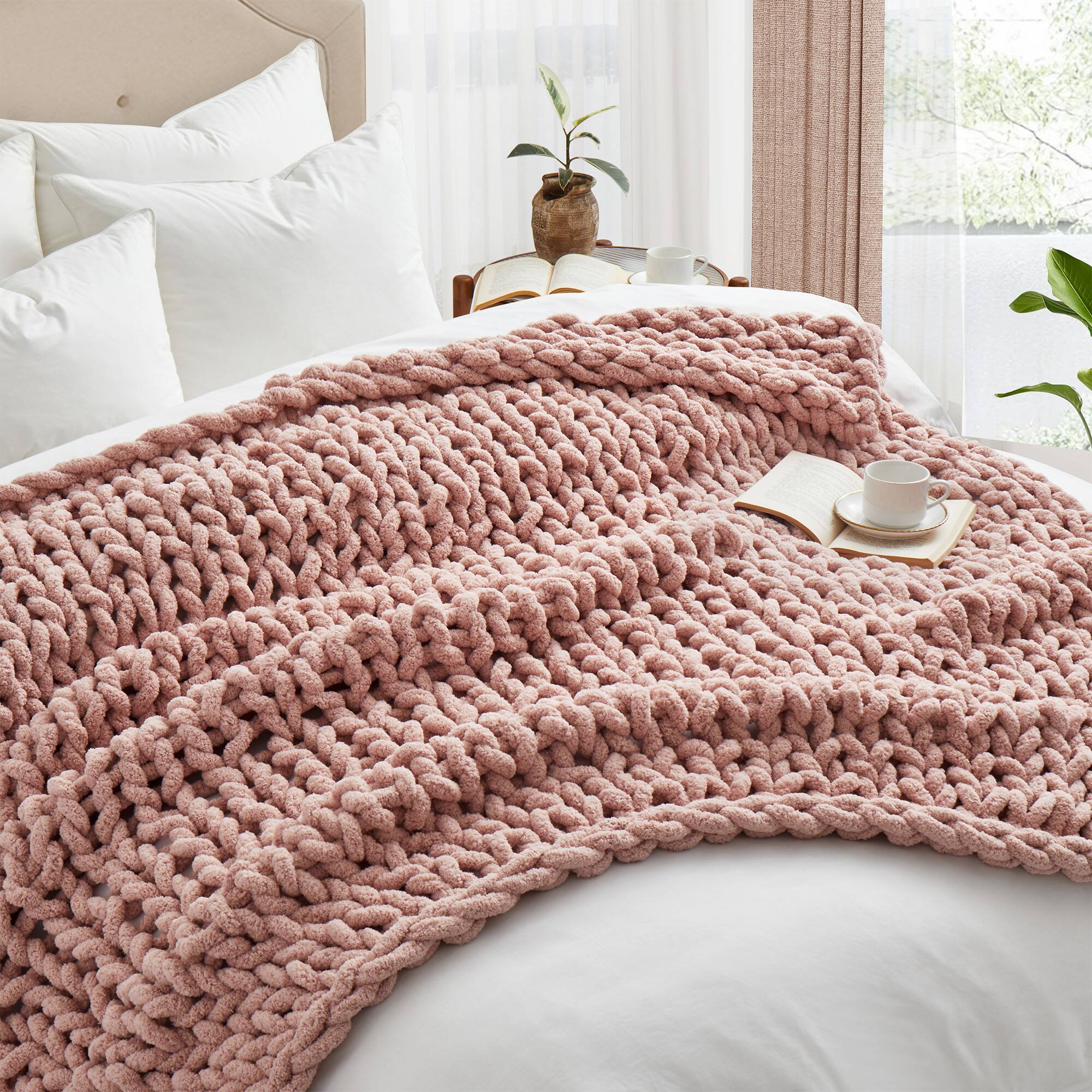 Left. Peace Nest - Peace Nest Handmade Chunky Knit Chenille Yarn Throw Blanket 50"x60", Pink - Pink.