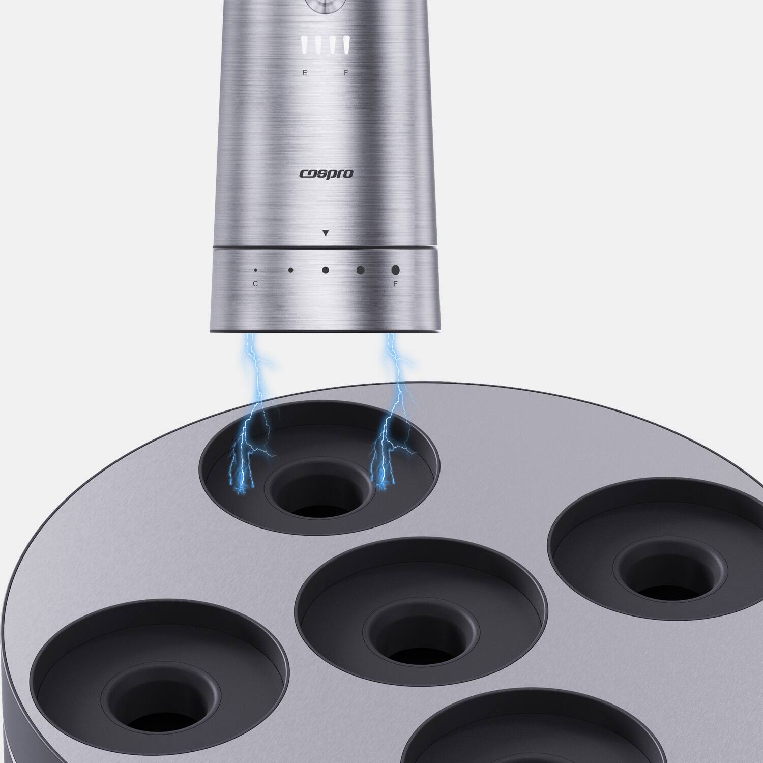 Left. Cospro - Electric Salt and Pepper 5 Grinder Set - Stainless Steel.