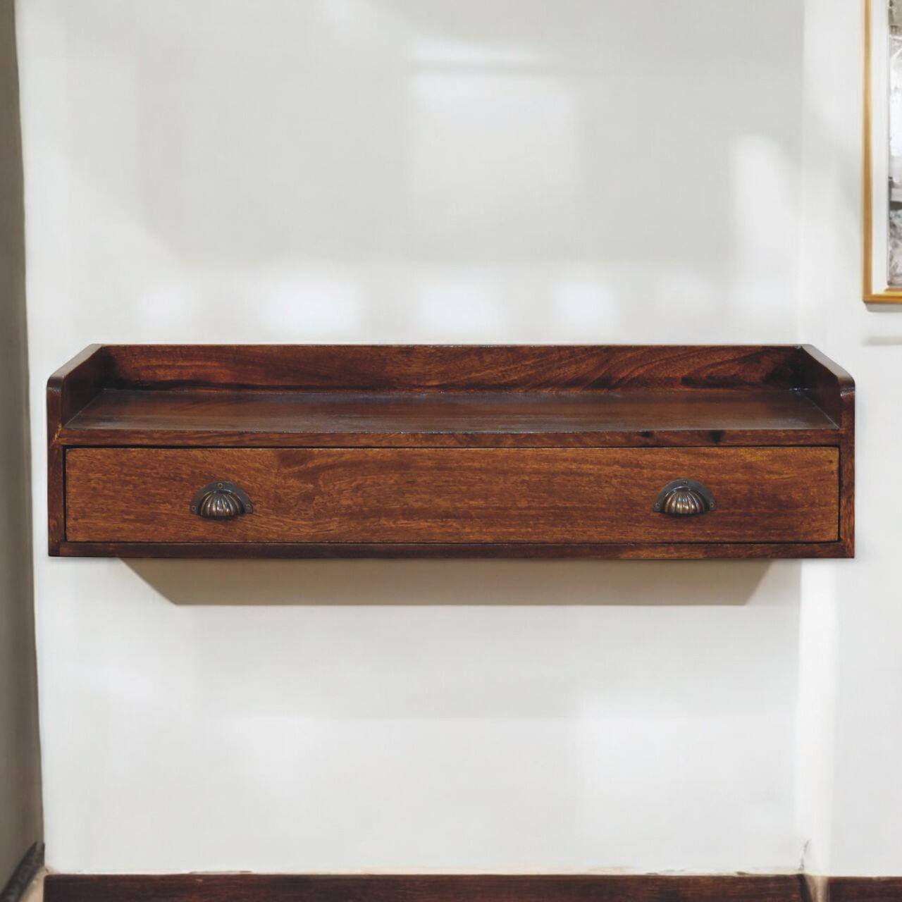 Angle. Artisan Furniture - Artisan Furniture Solid Wood Belmont Wall-Mounted Console Shelf, 1 Drawer, Dark Brown - Dark Brown.
