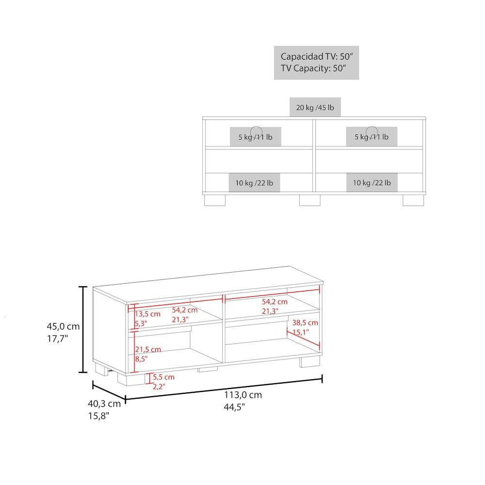 Capacidad TV: 50"  
TV Capacity: 50"  

20 kg / 45 lb  
5 kg / 11 lb  
10 kg / 22 lb  

45,0 cm / 17,7"  
13,5 cm / 5,3"  
21,5 cm / 8,5"  
54,2 cm / 21,3"  
38,5 cm / 15,1"  
40,3 cm / 15,8"  
5,5 cm / 2,2"  
113,0 cm / 44,5"