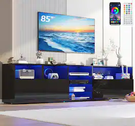 Espafurni - 79" LED TV Stand for 75-85" TV, High Gloss w/ Adjustable Shelf & RGB Light - Black