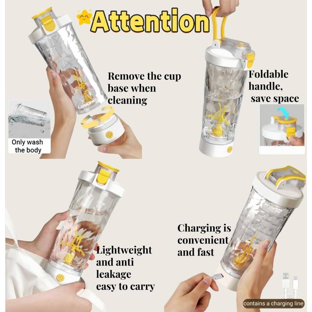 - Attention
  - Remove the cup base when cleaning
  - Only wash the body
  - Foldable handle, save space
  - Lightweight and anti leakage, easy to carry
  - Charging is convenient and fast
  - Contains a charging line