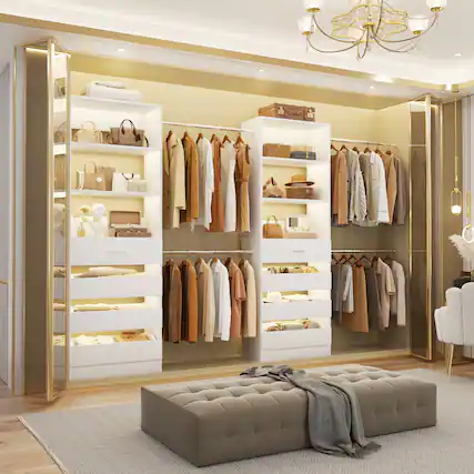 Front. Aheaplus - 6-15Ft Wood Walk-in Closet Organizer: 8 Drawers, 4 Hanging Rods & Tower - White.