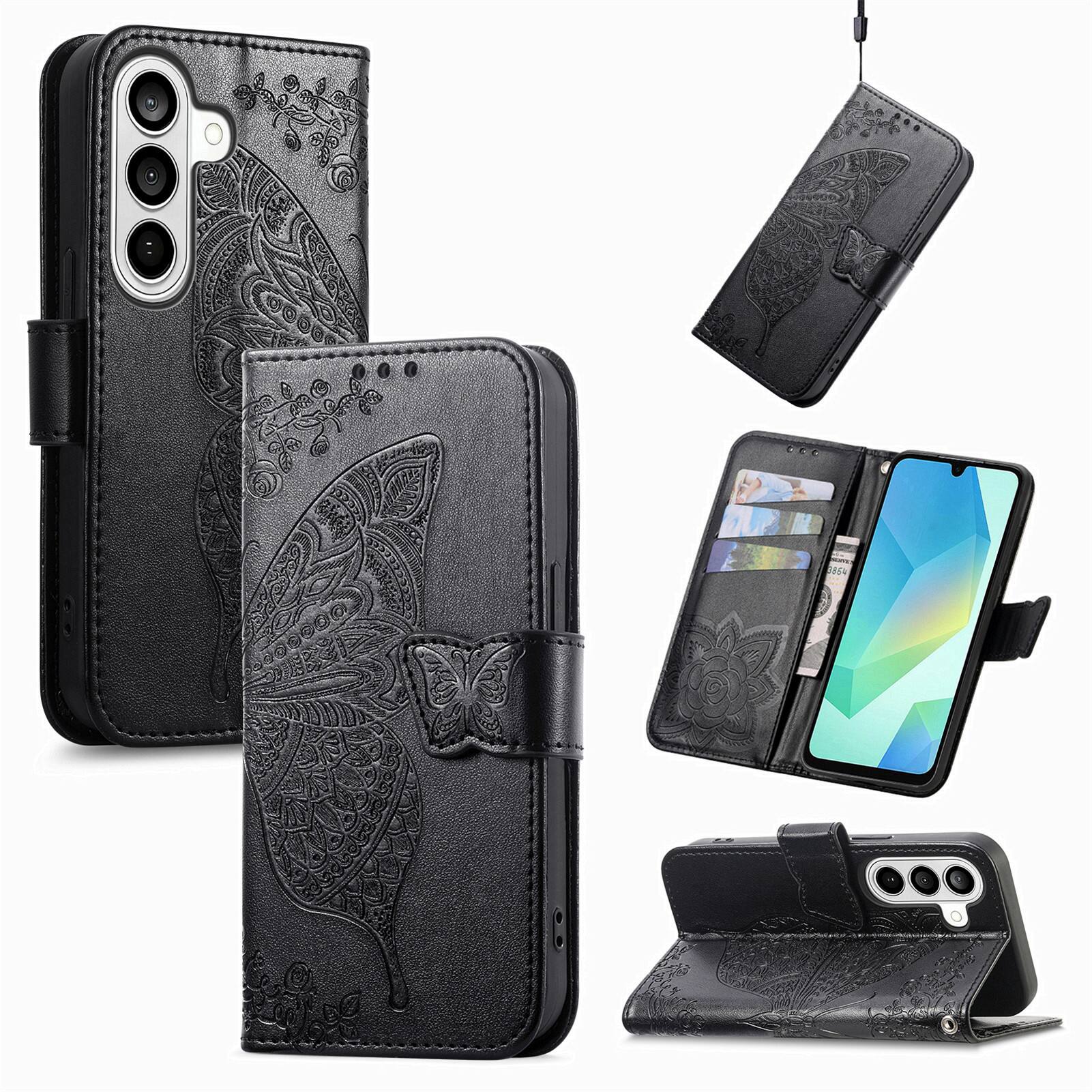 Angle. Dteck - Wallet Case for Samsung Galaxy A17 5G, Embossed Butterfly Pattern Leather Card Slots Flip Stand Cover+Strap - Black.
