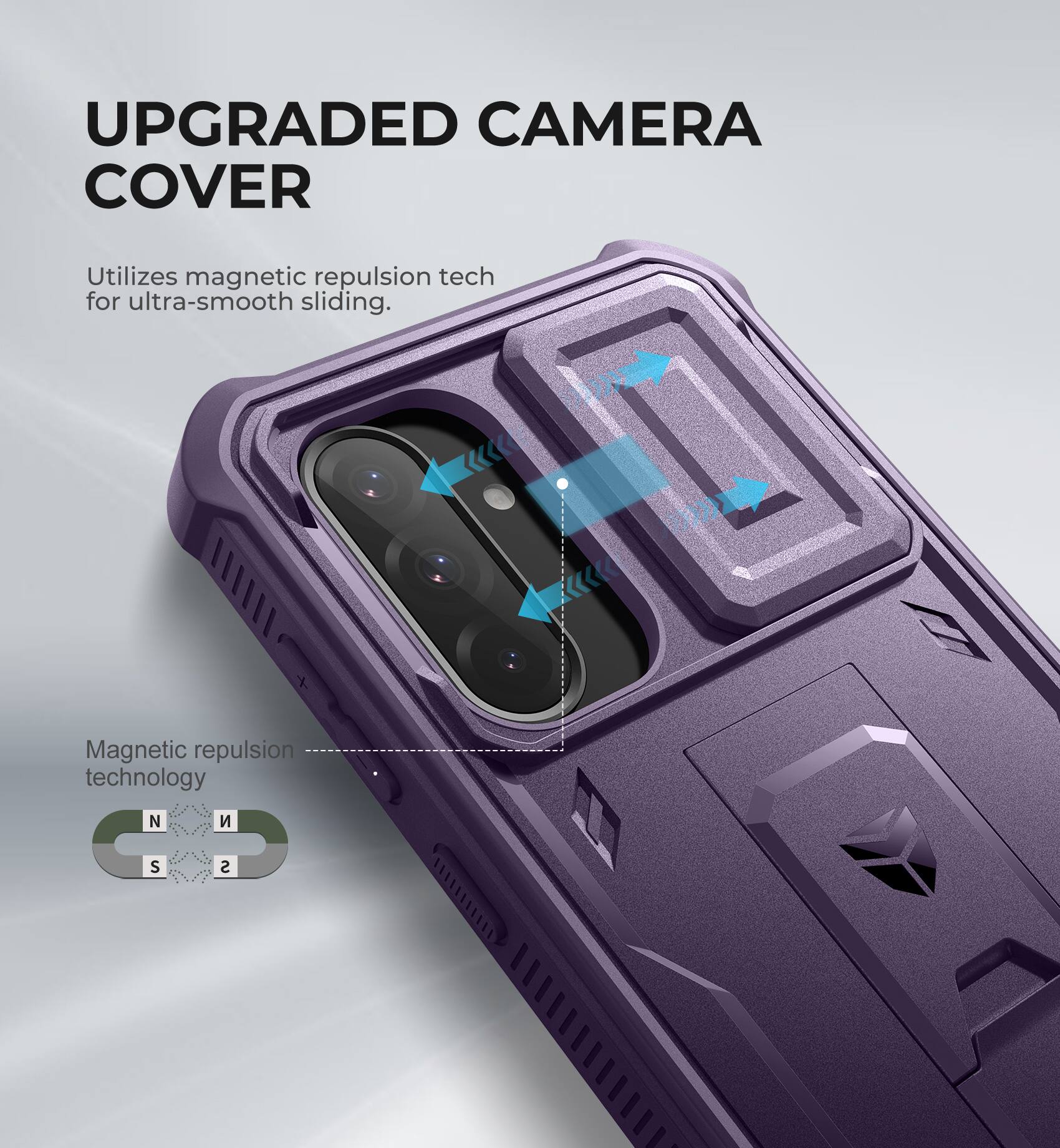 UPGRADED CAMERA COVER
Utilizes magnetic repulsion tech for ultra-smooth sliding.
Magnetic repulsion technology N S